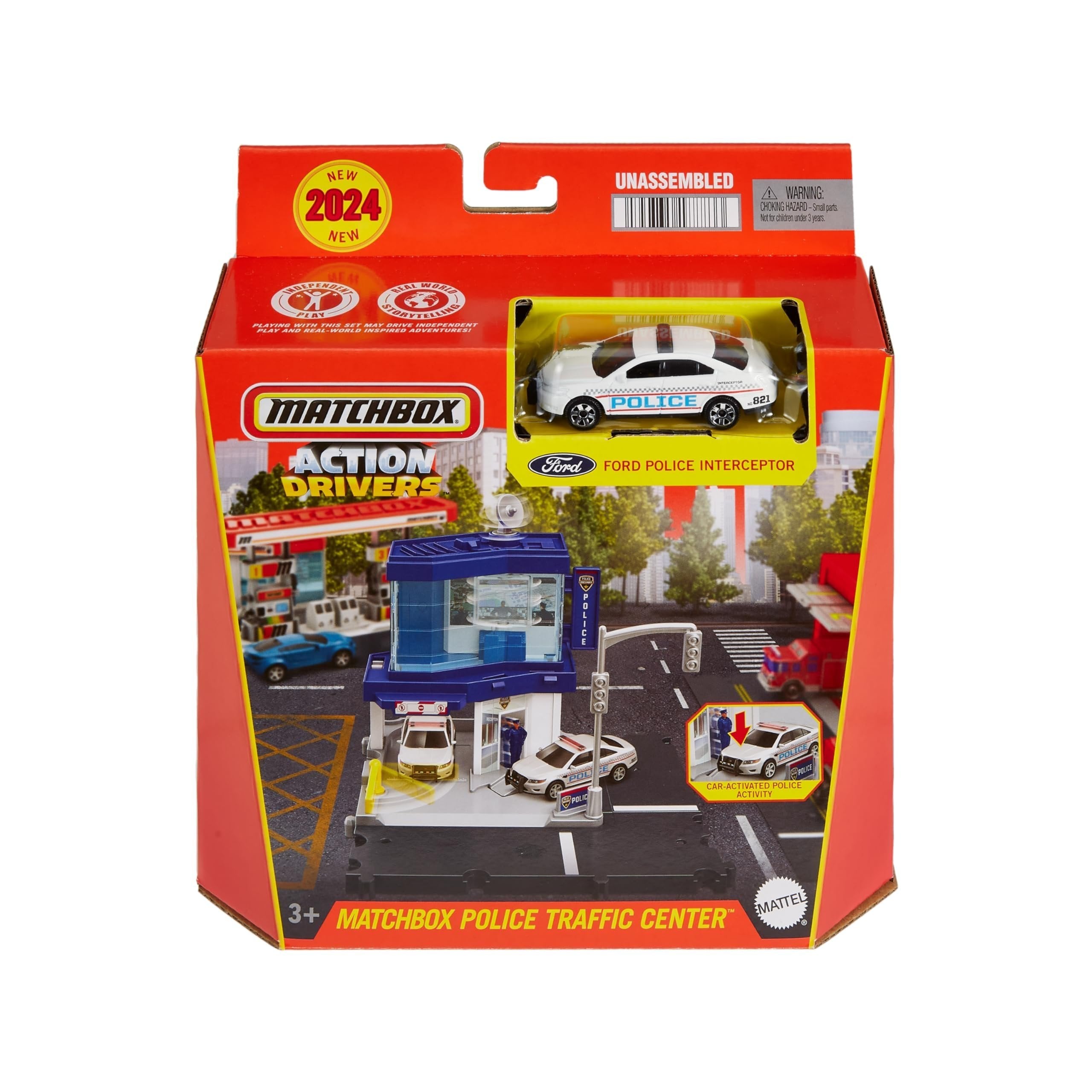 Matchbox Toy Car & Playset, Action Drivers Police Traffic Center with 1:64 Scale Ford Police Interceptor Toy Car, Kid- & Car-Activated Features, Moving Figure, HRY44
