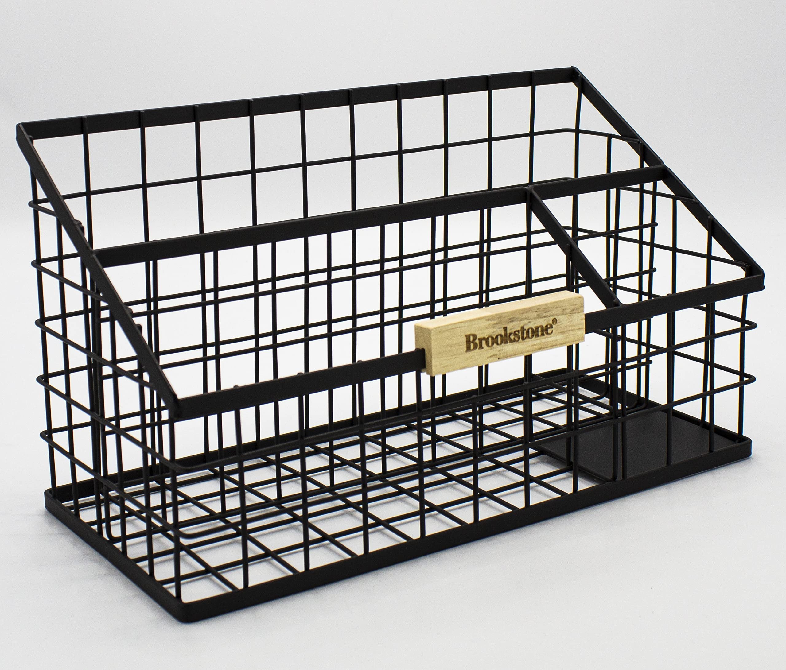 Brookstone BKH8002, Desk Organizer, Sectional Office Pen Caddy, Stockholm Desktop Collection, Black Finish Steel Pencil Holder