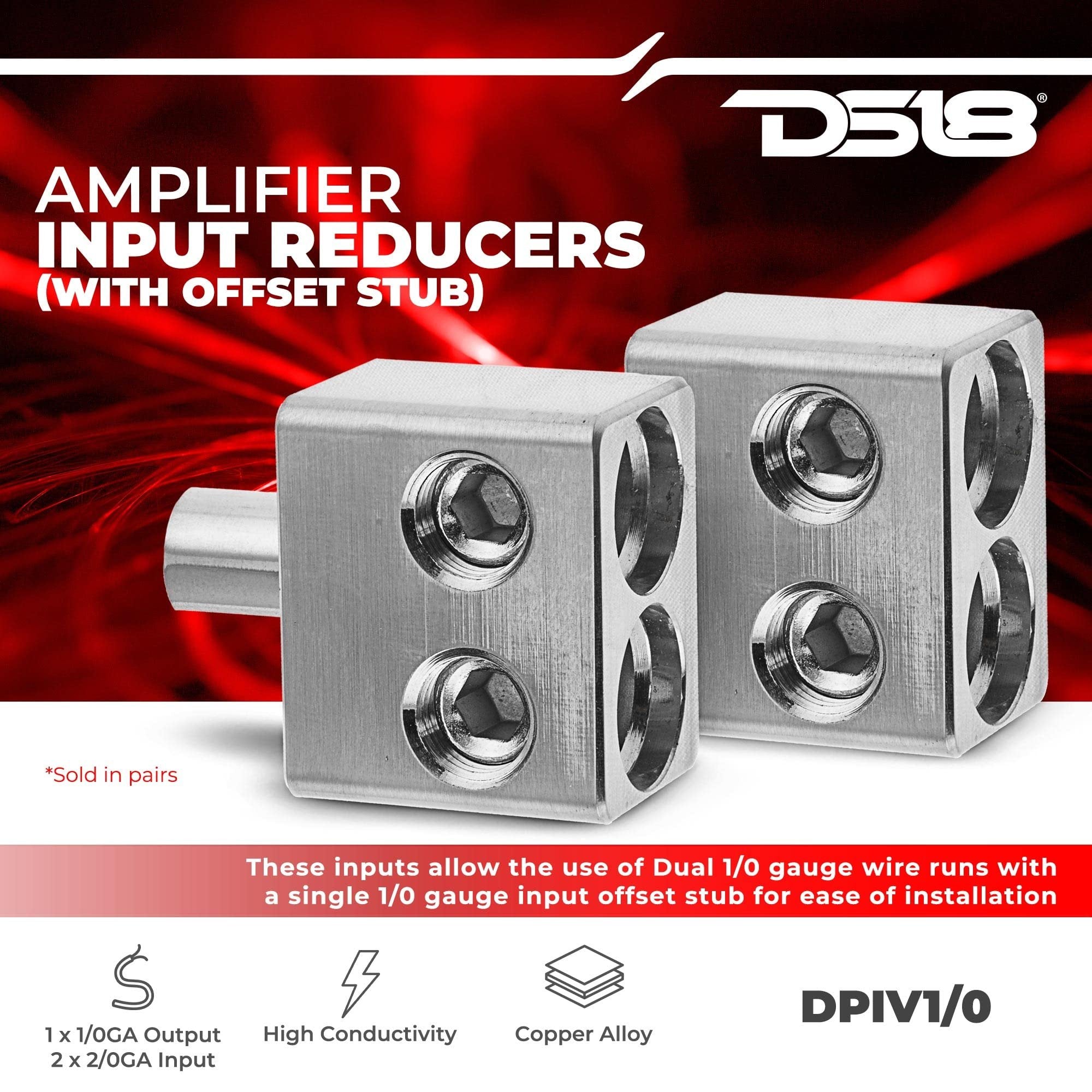 DS18 DPIV1/0 Pair of Copper Dual 1/0 Gauge to 1/0 Gauge Amp Input Reducers with Offset Stub - Adapter to Add Two 0 Gauge Terminals to Single Zero Gauge Terminal Input Amplifier - Pair