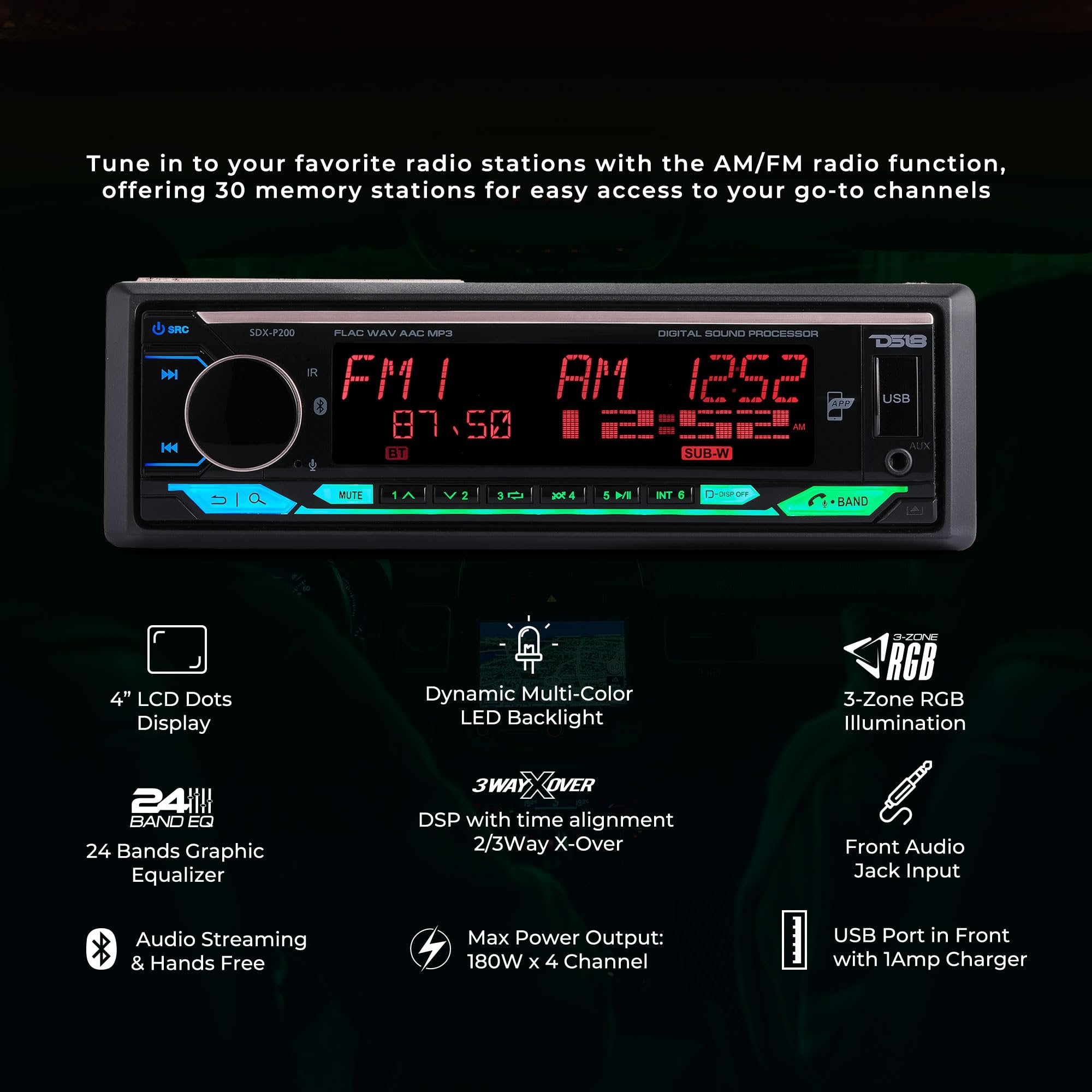 DS18 SDX-P200 Digital Media Receiver Single Din, Car Stereo Radio DSP, High Power 4 x 60 Watts, APP, Bluetooth Audio and Calling, Aux Input, USB, Mechless, AM/FM, 3V + 3.5V Subwoofer