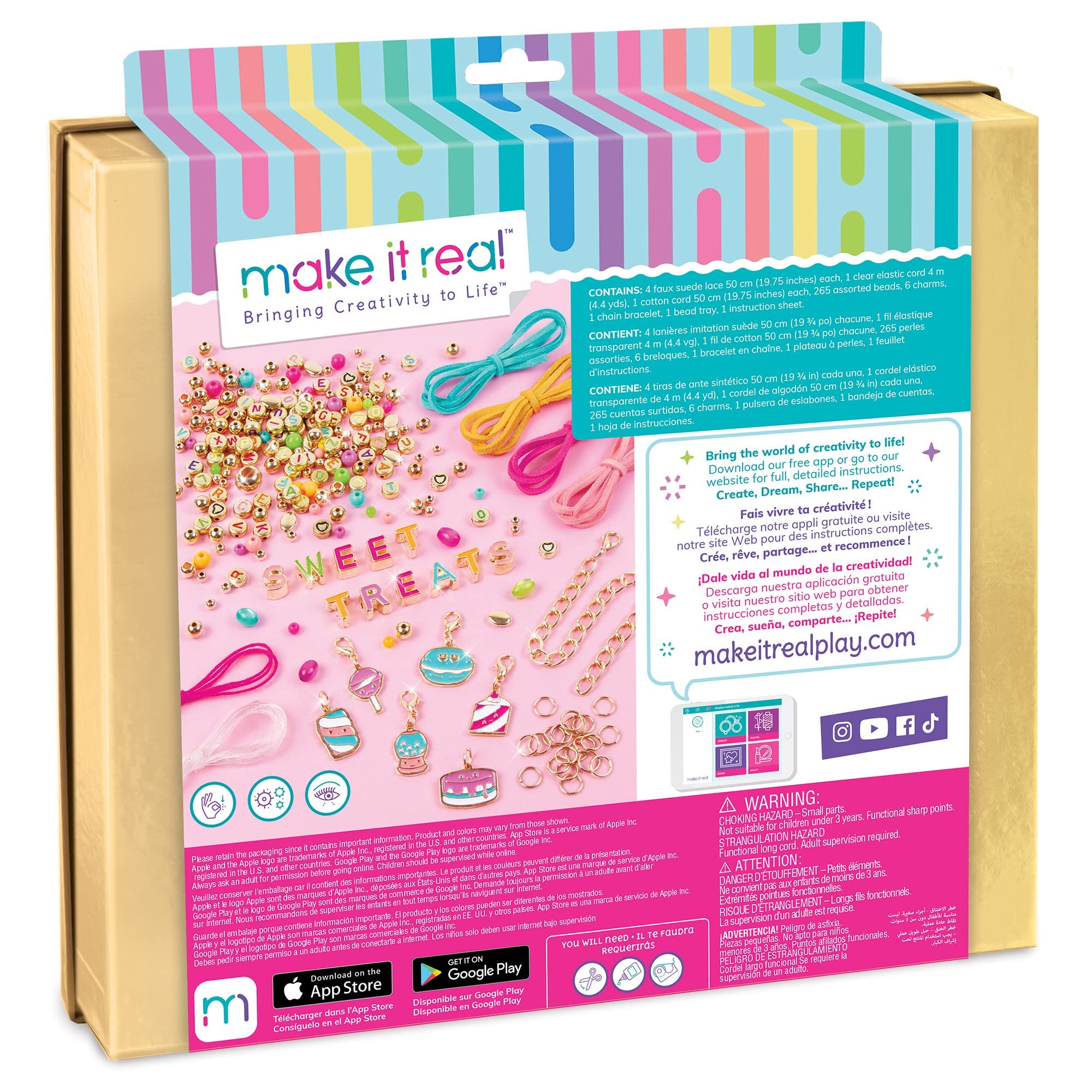 Make It Real: Sweet Treats DIY Bracelet Kit - Create 7 Charm Bracelets, 280 Pieces Included, Make Dessert Themed Eye-Catching Bracelets, DIY All-In-One Kit, Tweens & Girls, Arts & Crafts, Ages 8+