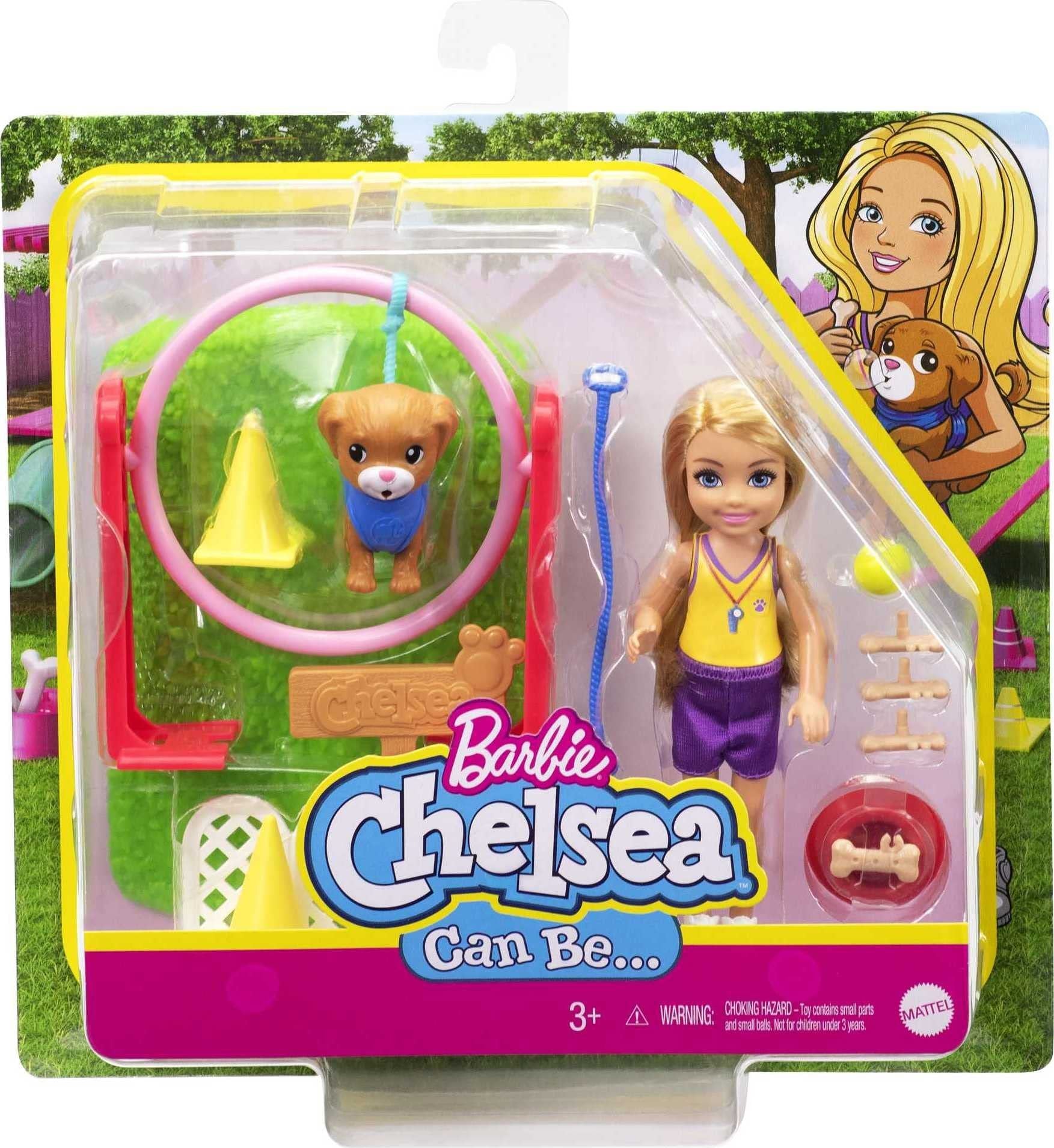 Barbie Chelsea Can Be Doll & Playset, Blonde Dog Trainer Small Doll with Dog & 10 Accessories, Including Leash, Jumping Hoop, Obstacle Cones & More