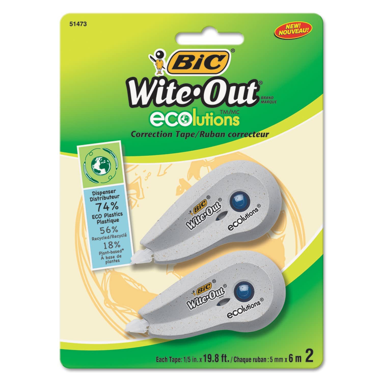 BIC Wite-Out Brand ECOlutions Mini Correction Tape, White, Recycled Plant-Based Dispenser, 2 Count
