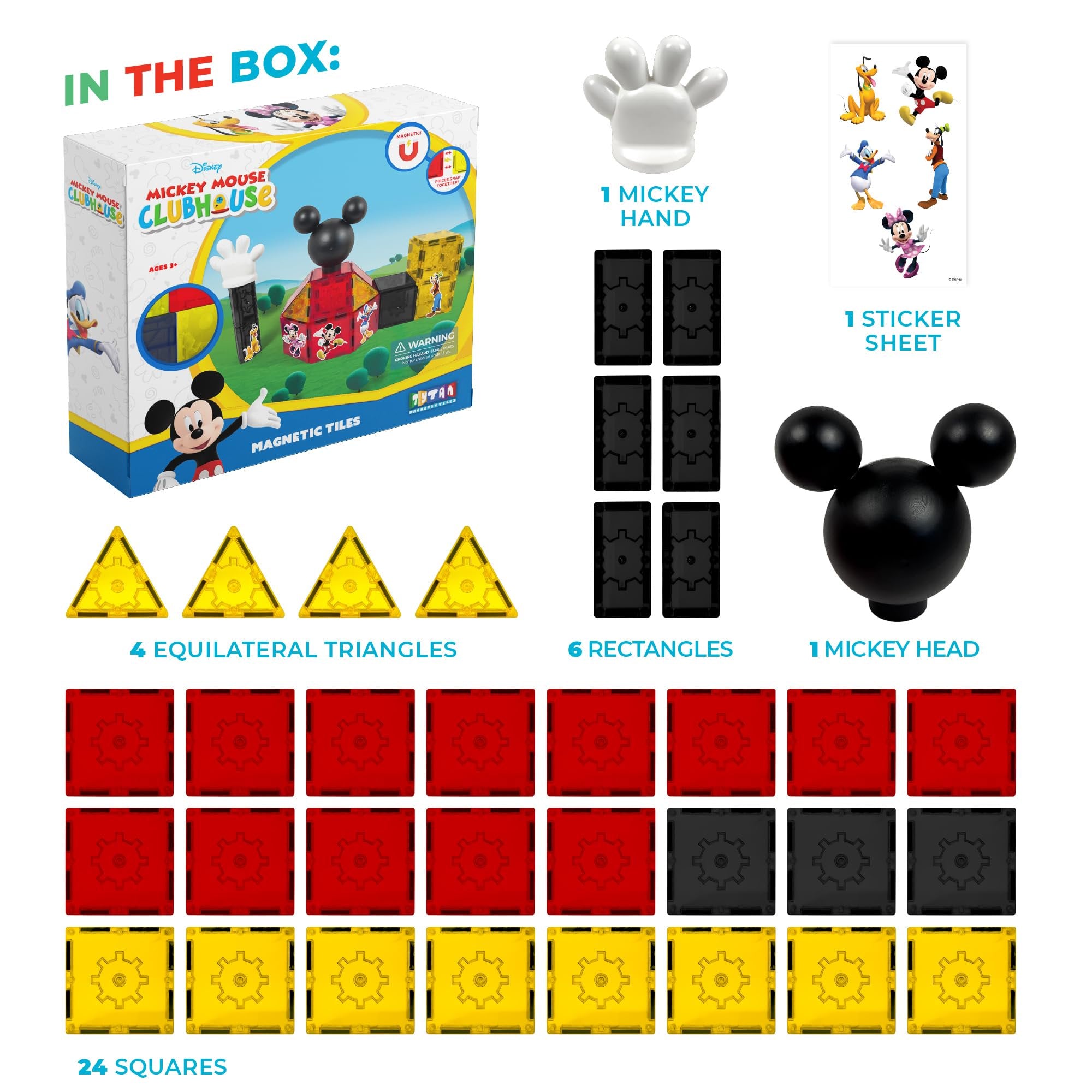 Tytan Toys Official Disney Mickey Mouse Toy Clubhouse Magnetic Tile Set, 37-Piece STEAM Building Toy for Kids 3+, Mickey Mouse Clubhouse Toys Educational Playset with Friends Figures
