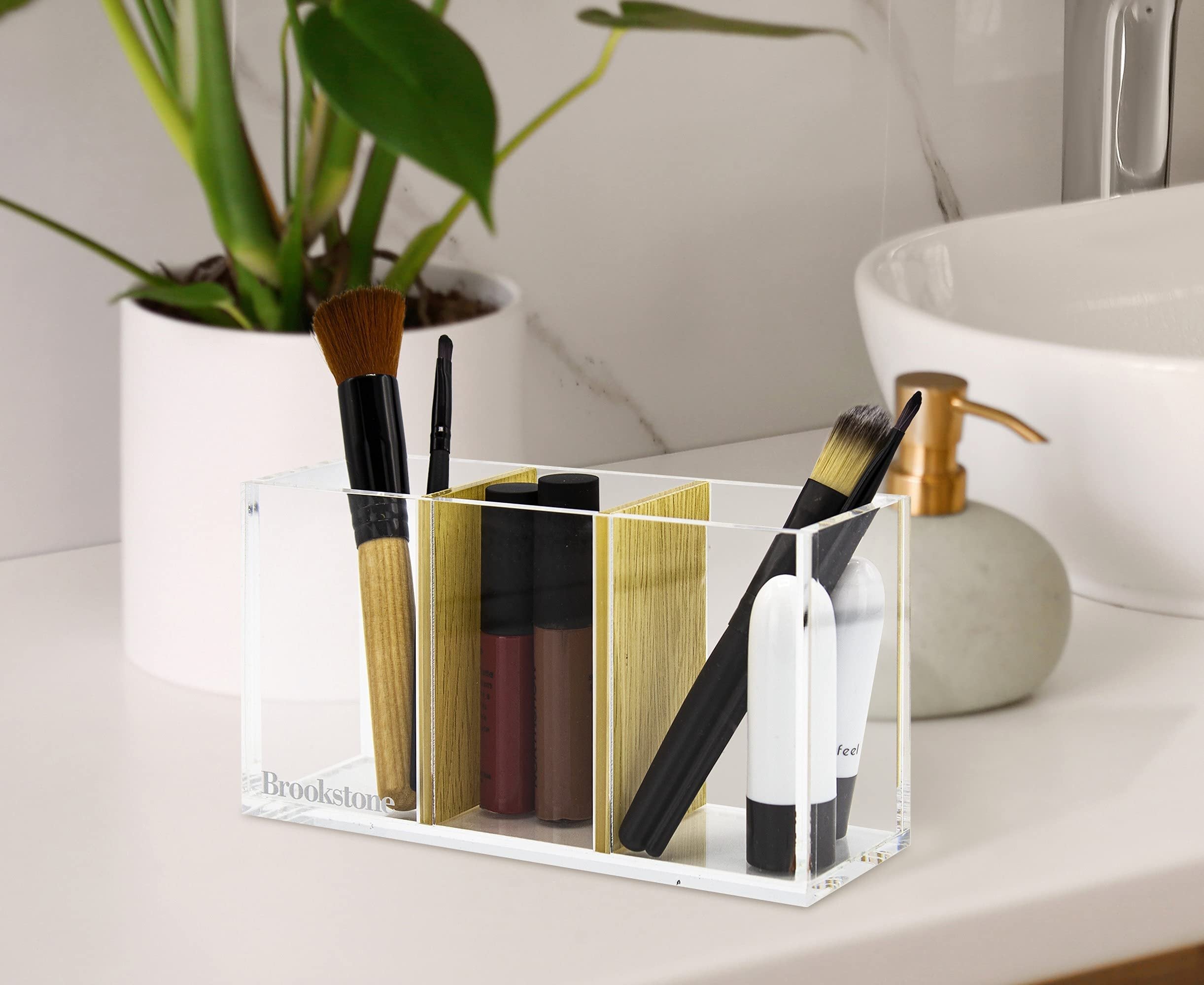 BROOKSTONE, Acrylic Organizer with Removable Dividers for Office Desk or Makeup Stationary, Modern Design