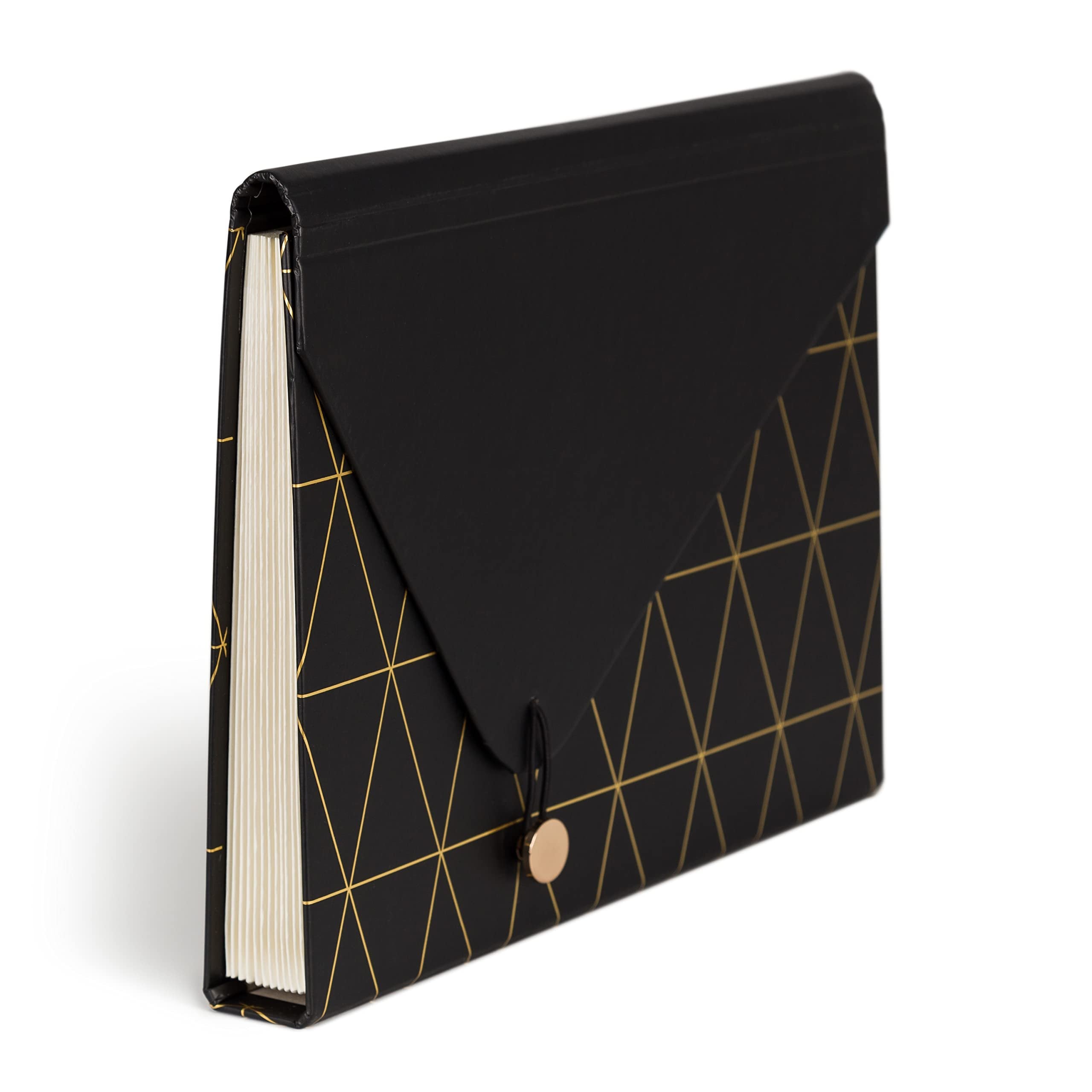 U Brands 13-Pocket Expanding File Folder, Office Supplies, Black and Gold Geometric, Brass Hardware, FSC Certified