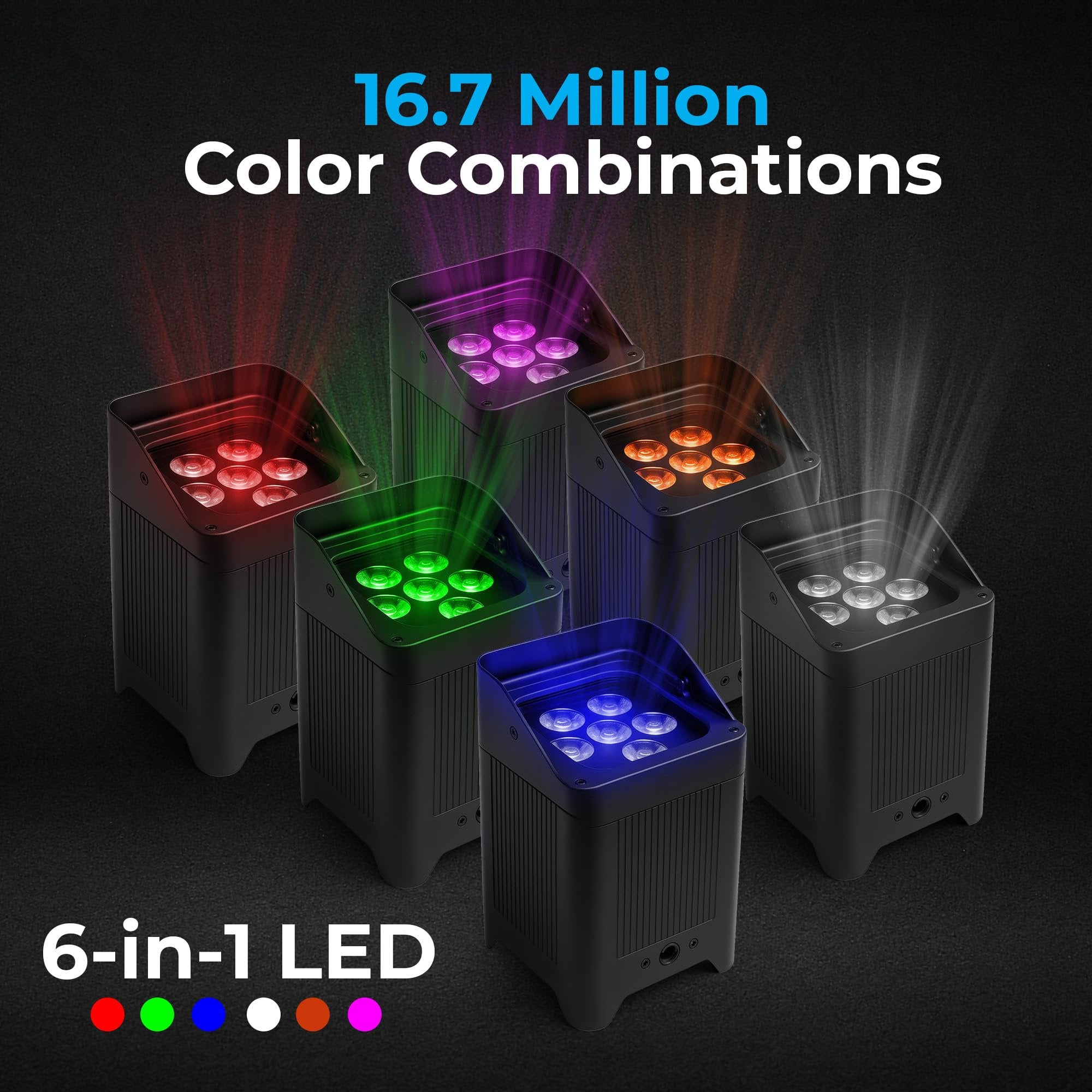 ANTAKIPRO Portable 6X6 Dynamic Stage Lighting – Wireless Battery LED Par Lights, DJ Lighting, Party Lights with 6x18W RGBWAUV, DMX512, Remote, 15°-40° Lens, 15h Runtime (Black)