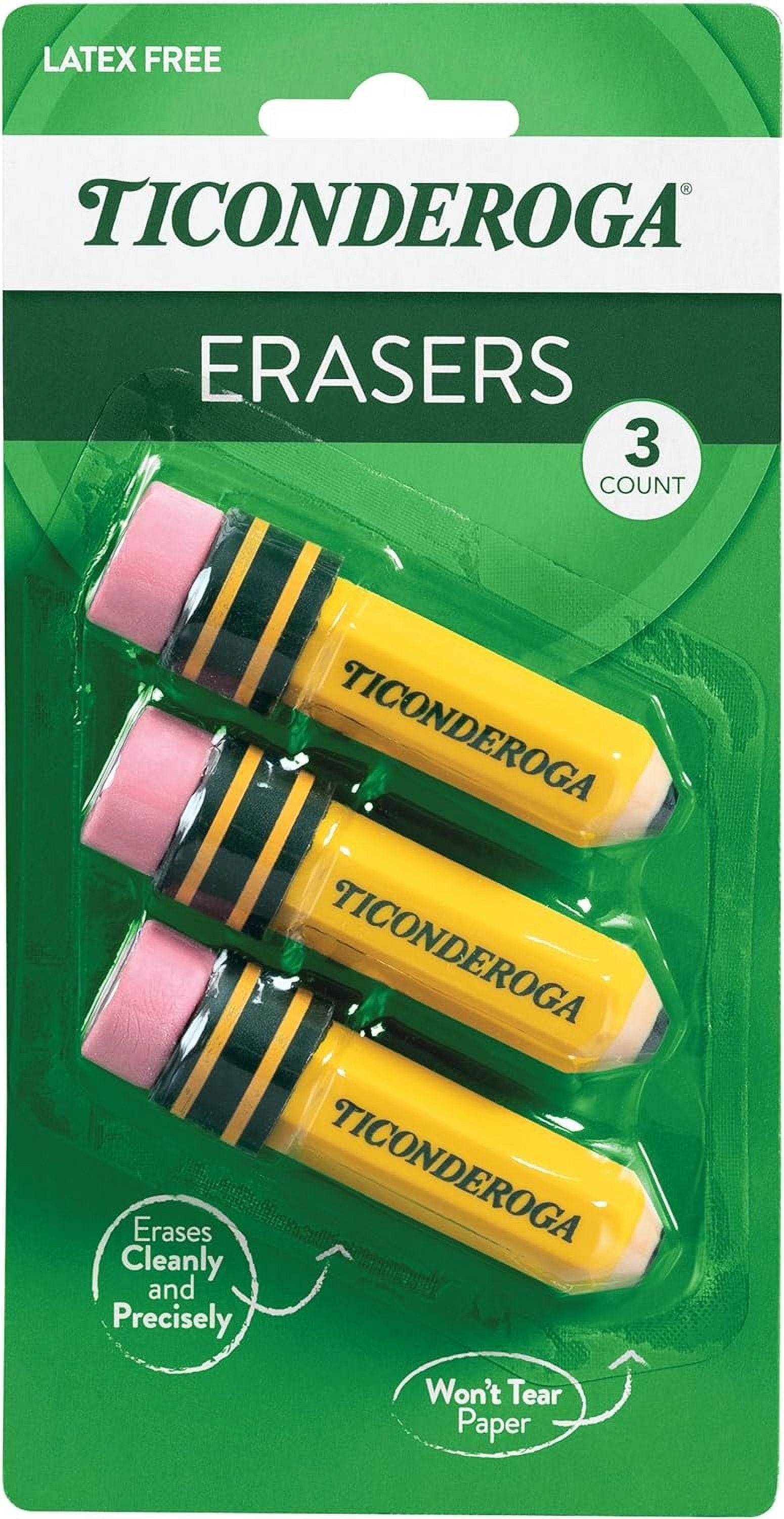 TICONDEROGA Erasers, Pencil Shaped, Latex-Free, Yellow, 3-Pack (38953) Yellow, 3 Count