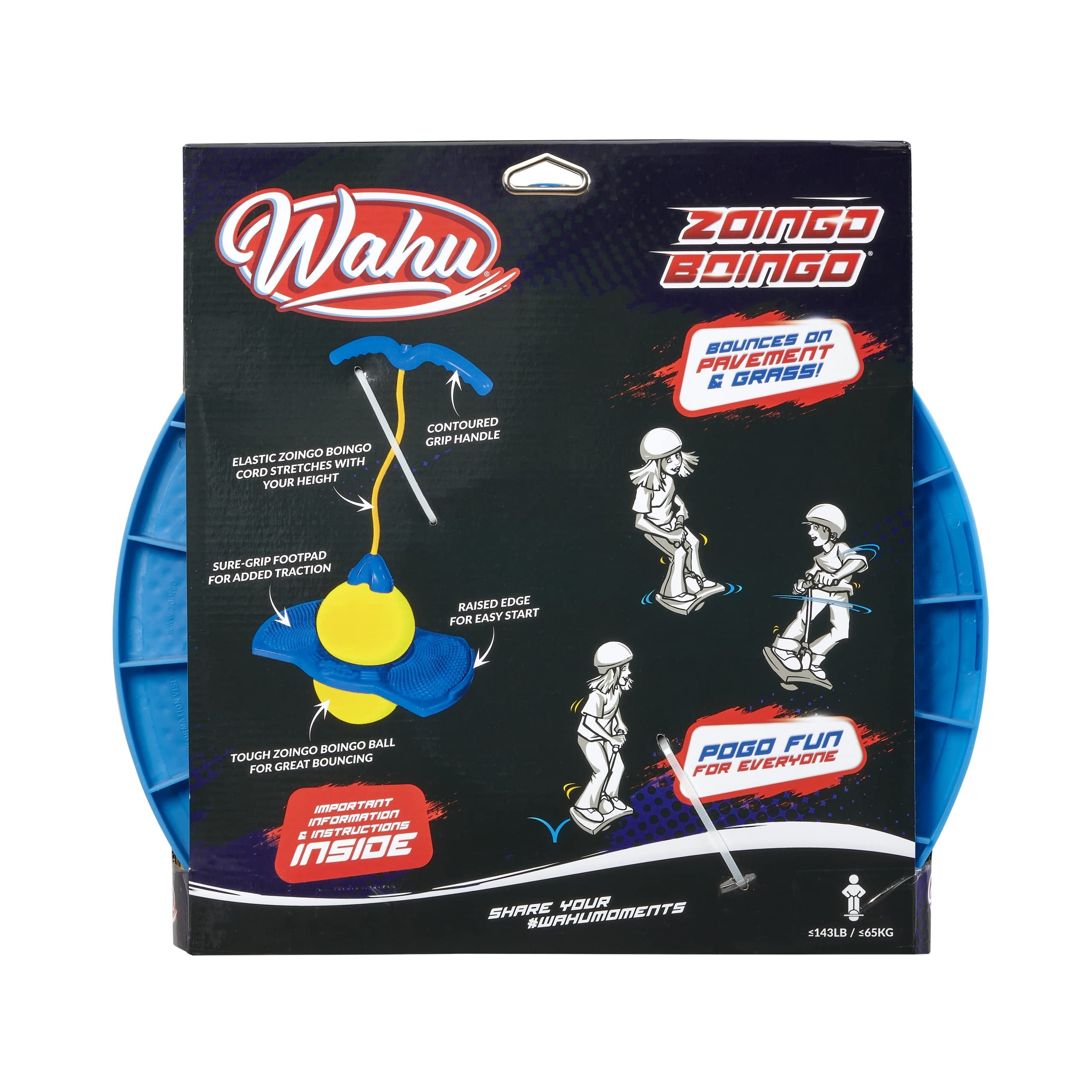 Wahu Zoingo Boingo Freestyle Pogo Ball with Handle and Footpad, Flexible Pogo Jumper for Kids Ages 6+, Bounces on Pavement and Grass, Blue/Yellow