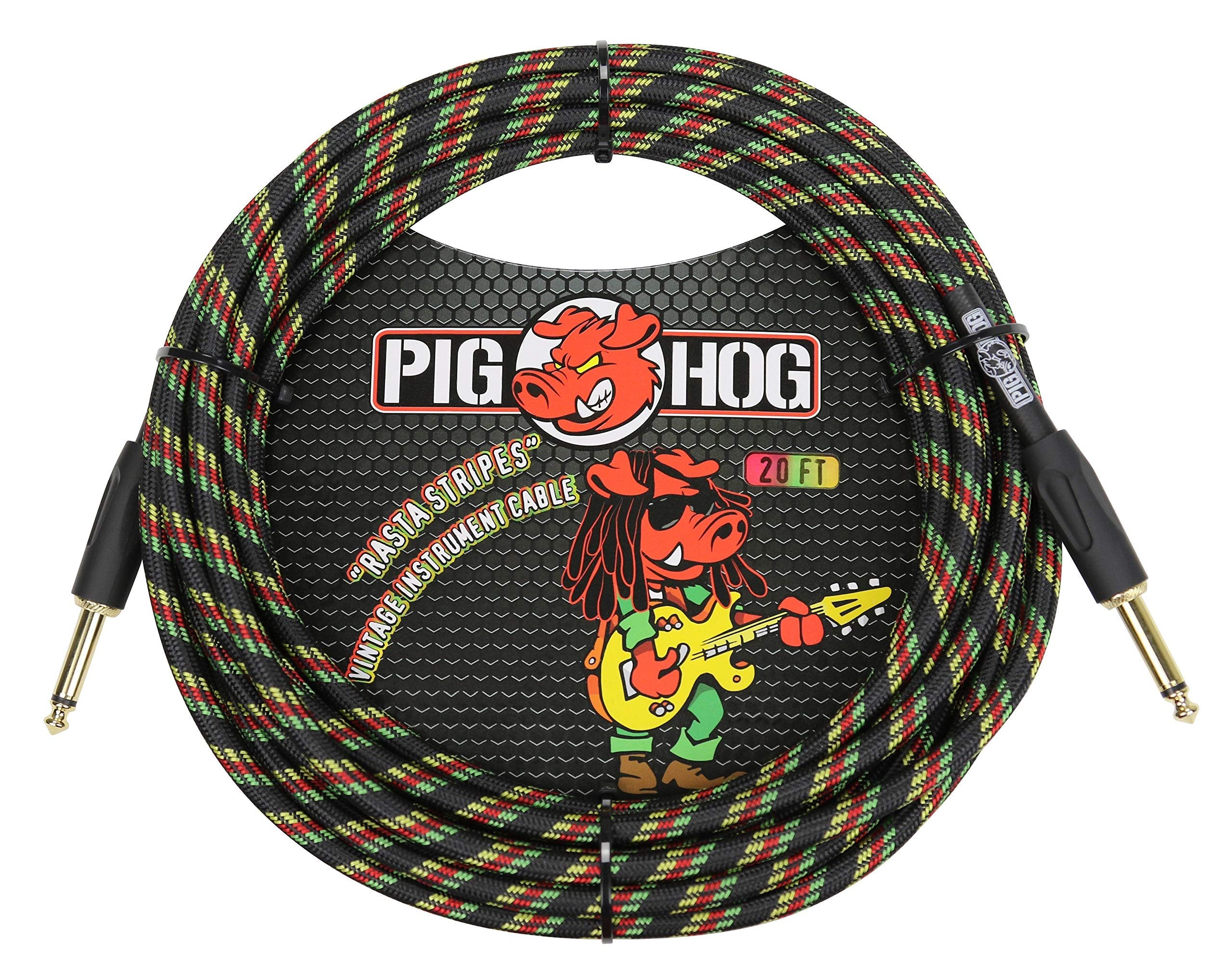 Pig Hog PCH20RA 1/4" to 1/4" Rasta Stripes Guitar Instrument Cable, 20 Feet