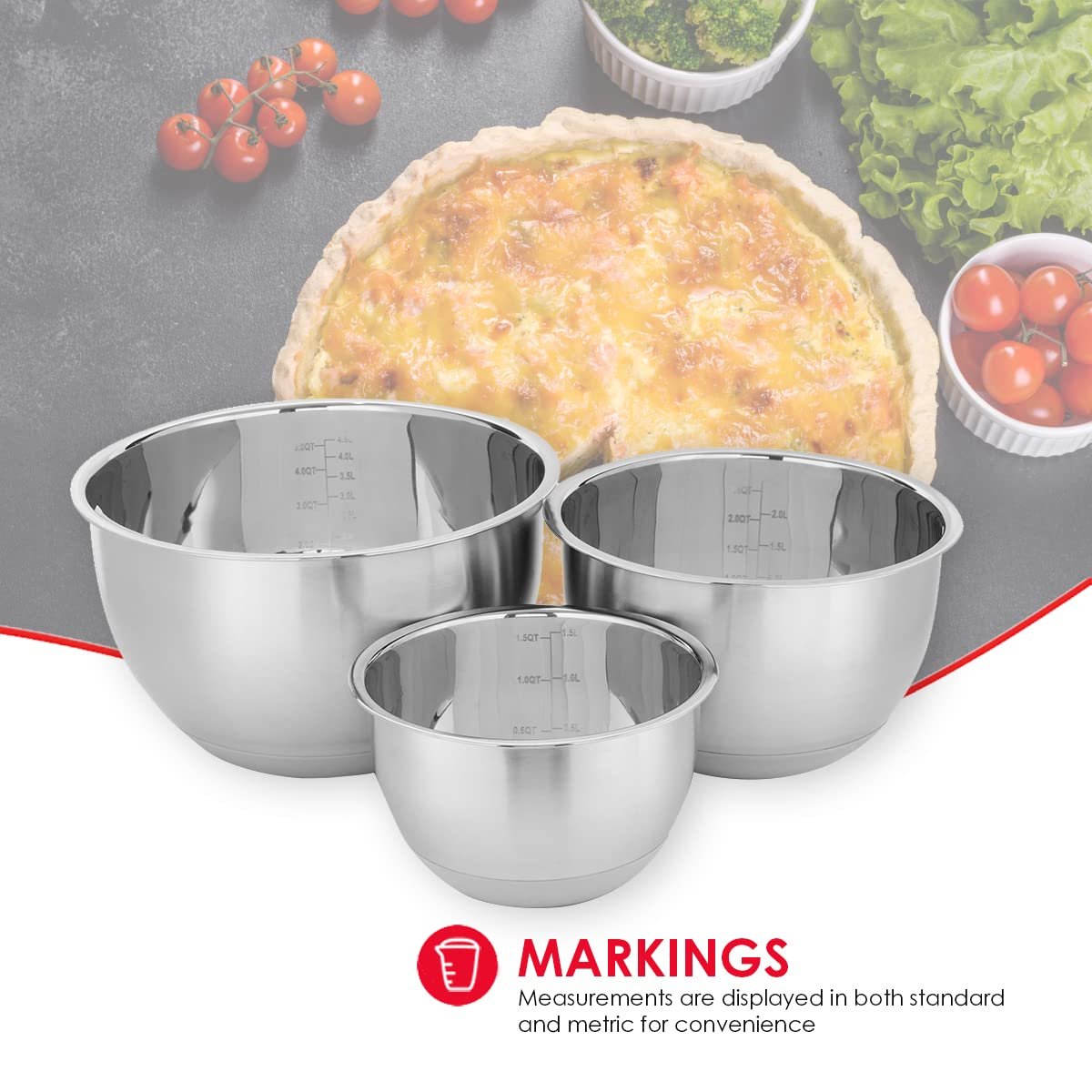 Home Basics 3 Piece Stainless Steel Nesting Mixing Bowls with Rubber Bottoms | Kitchen Essential | High Walls for Easy Mixing | Compact Storage