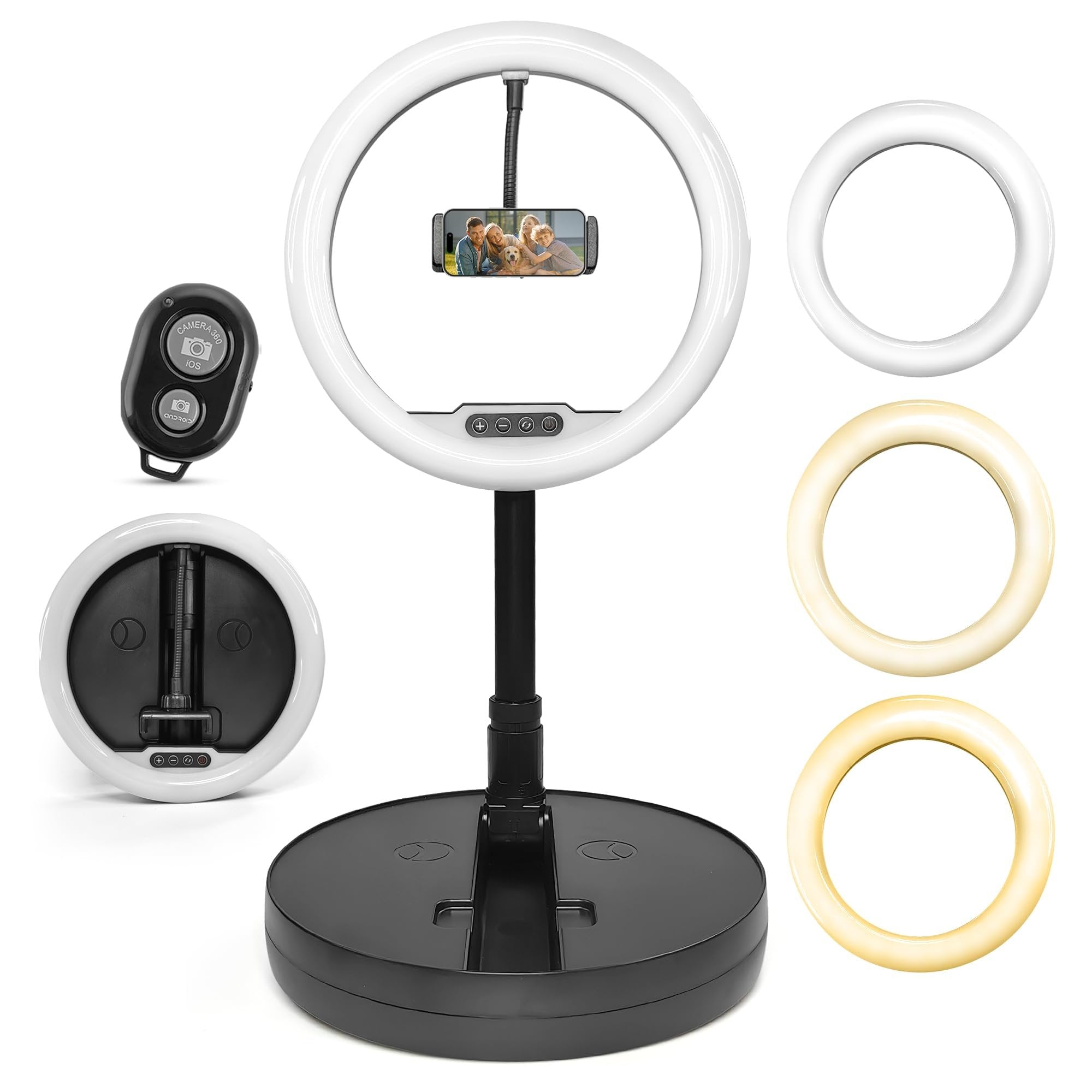iDance LED Ring Light with Cell Phone Holder, 10", USB Powered with Bluetooth Remote Control and Foldable Adjustable Tripod Stand, Selfie, Makeup Ring Light