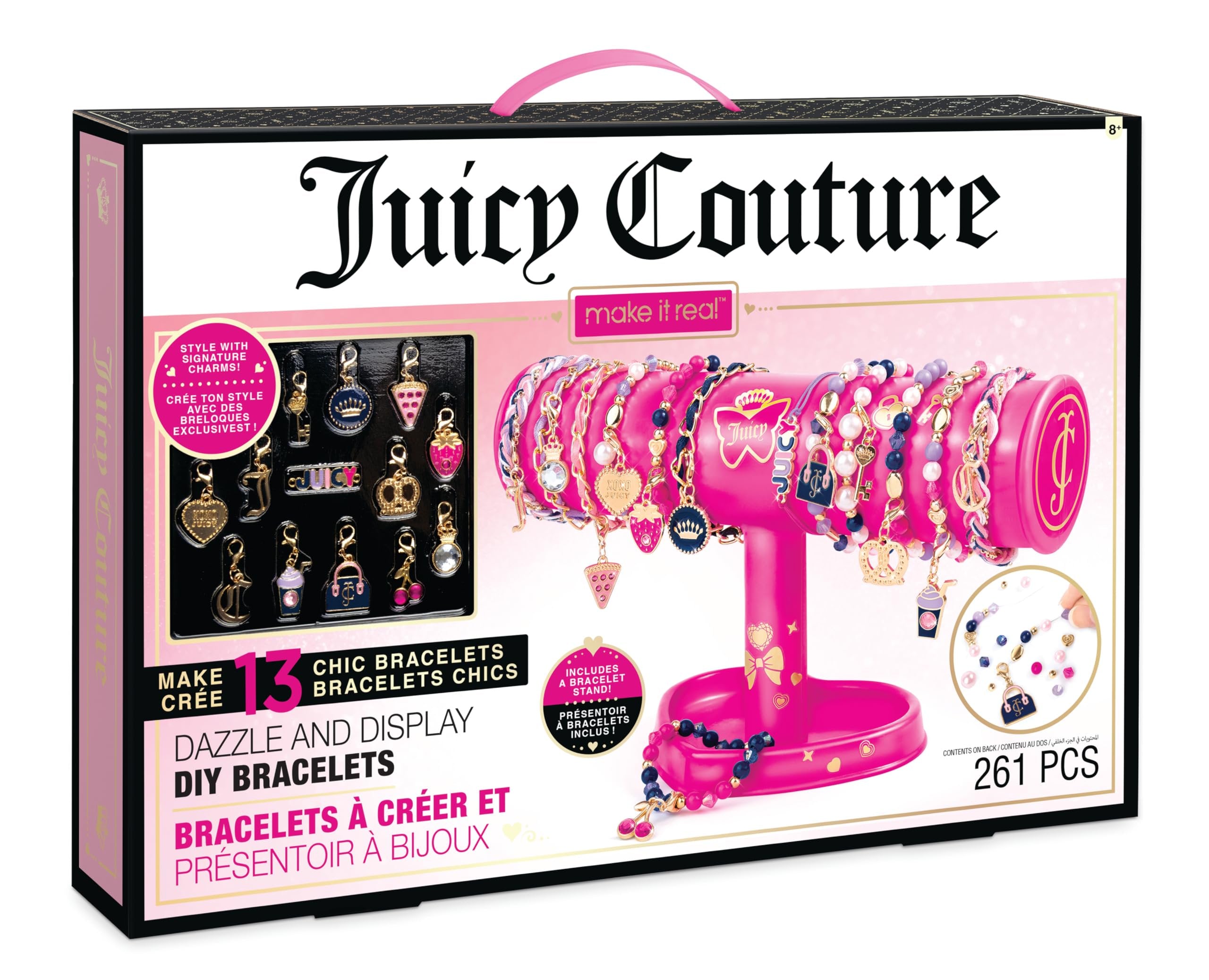 Make It Real: Juicy Couture - Dazzle & Display DIY Bracelets - 261pc Kit, Pink Jewelry Stand, Create 13 Chic Charm Bracelets, Tweens-Girls-Kids 8+