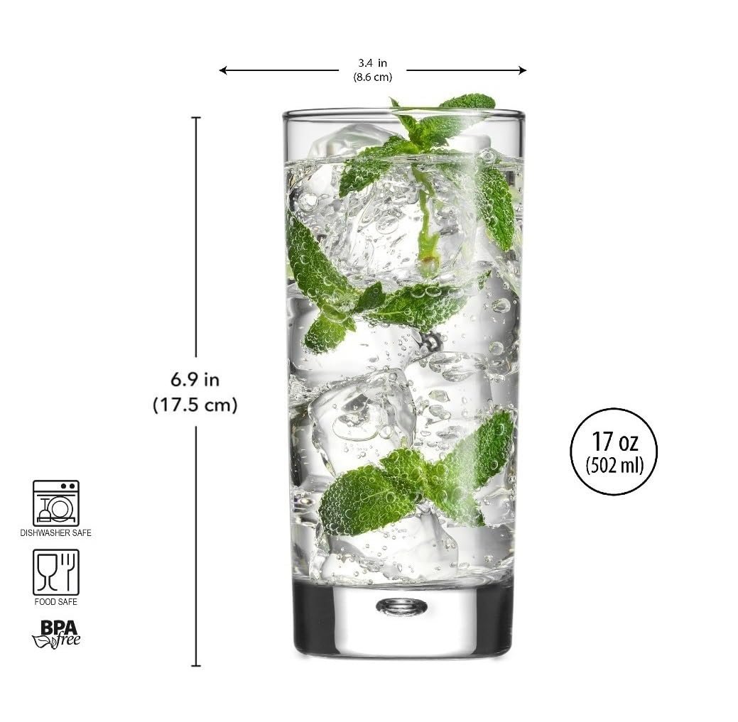 Home Essentials & Beyond Highball Glasses set of 4, 17 oz Drinking Glasses, Red Series Heavy Bubble Base