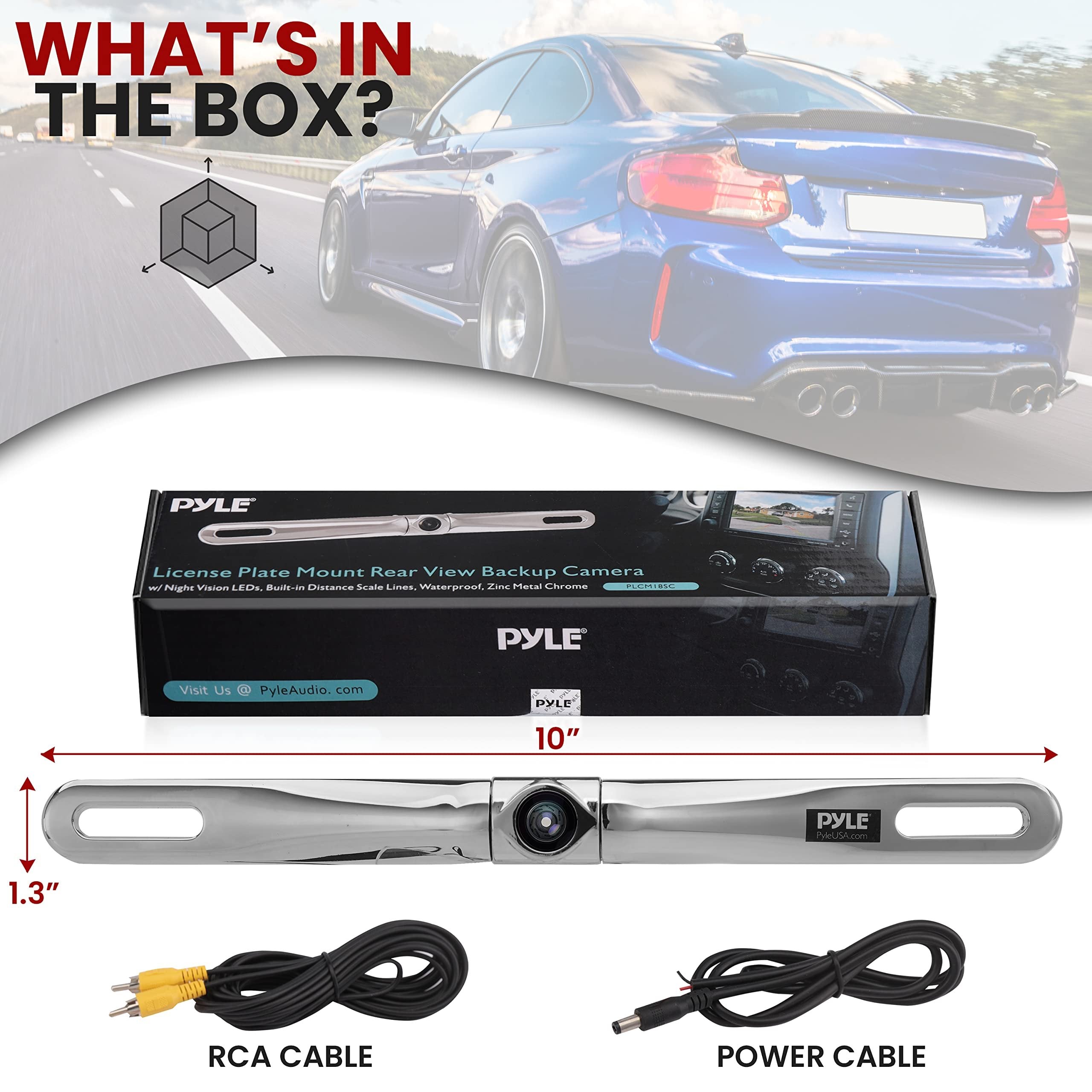 Pyle License Plate Rear View Camera - PLCM18SC Built-in Distance Scale Lines Backup Parking/Reverse Assist Waterproof Adjustable Slim Bar Cam w/ 420 TVL Resolution & RCA Output Zinc Metal Chrome
