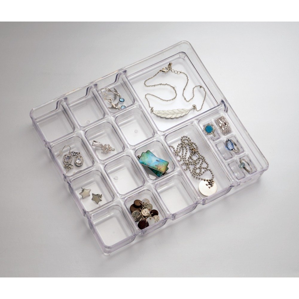 iDesign Linus Plastic BPA-Free Fashion Jewelry Vanity and Drawer Organizer, Tray for Rings, Earrings, Bracelets, Necklaces, 8.75" x 7.75" x 2.75", Set of 3, Clear