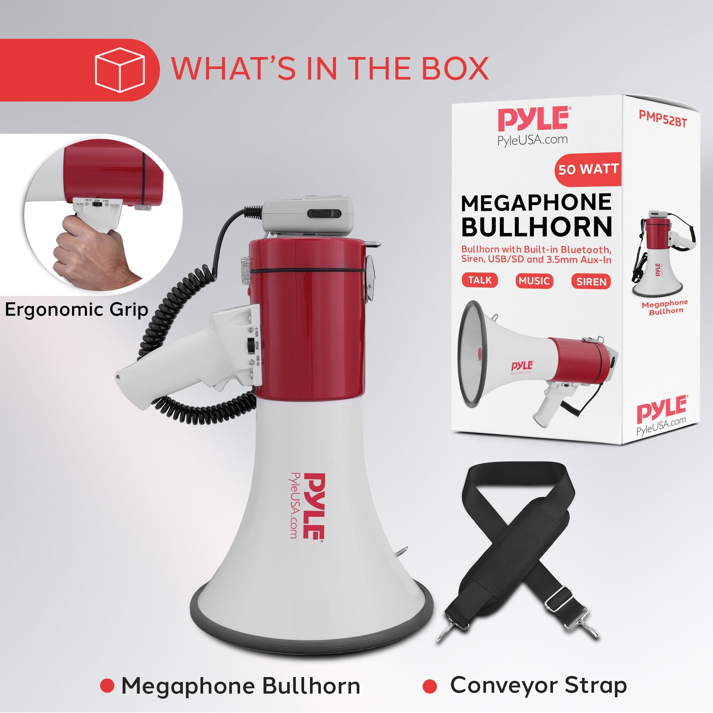 Pyle Portable Megaphone Speaker PA Bullhorn-Built-in Siren, 50W Adjustable Volume Control &1200 Yard Range-Ideal for Any Outdoor Sports,Cheerleading Fans & Coaches or for Safety Drills - PMP52BT