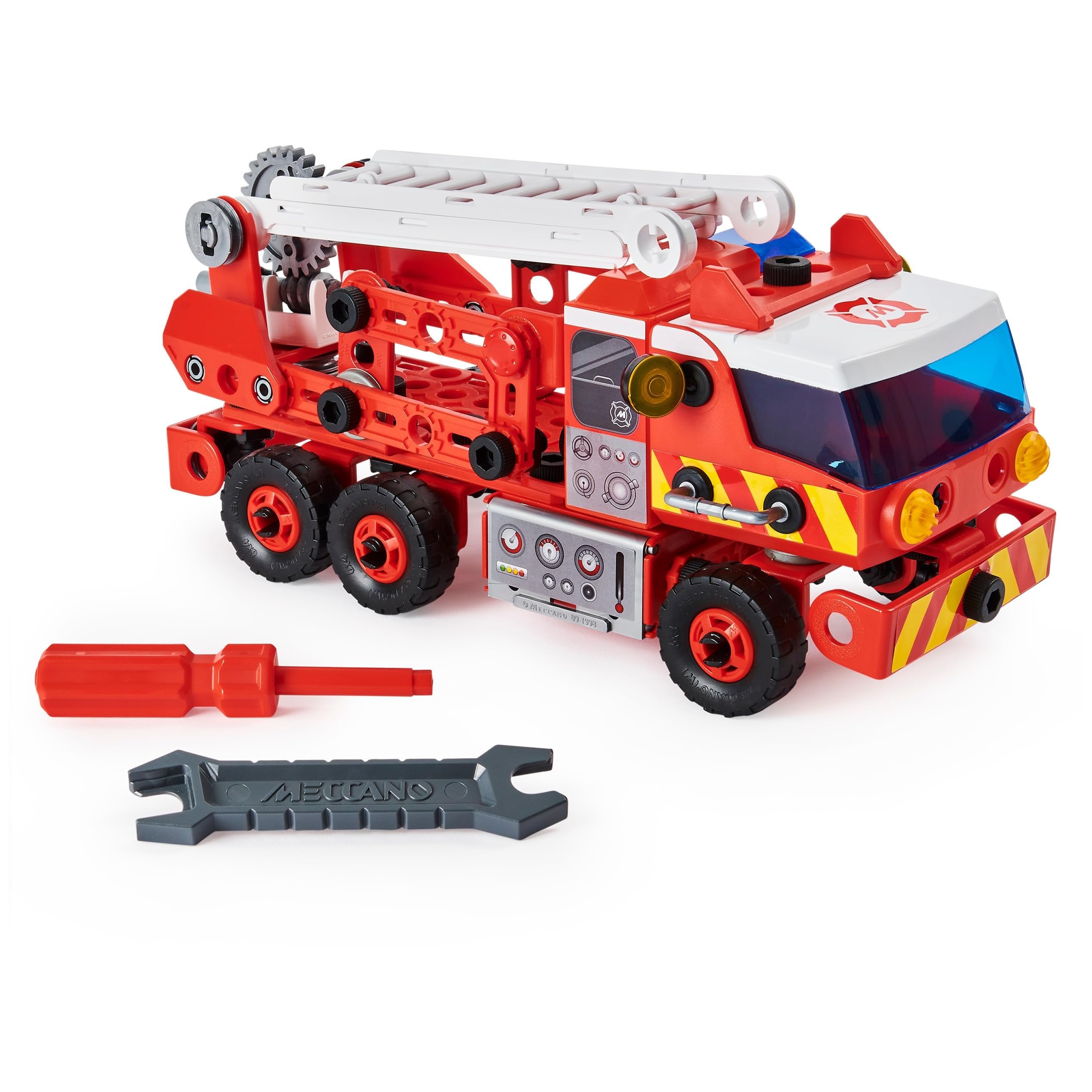 Meccano Fire Truck Toy Model Car Kit (152 pcs): Battery-Powered Siren Sound, Lights & Swiveling Ladder (Ages 5+) STEAM Vehicle Building Set with 2 Kid Construction Tools, 150 Snap-in Parts & Stickers