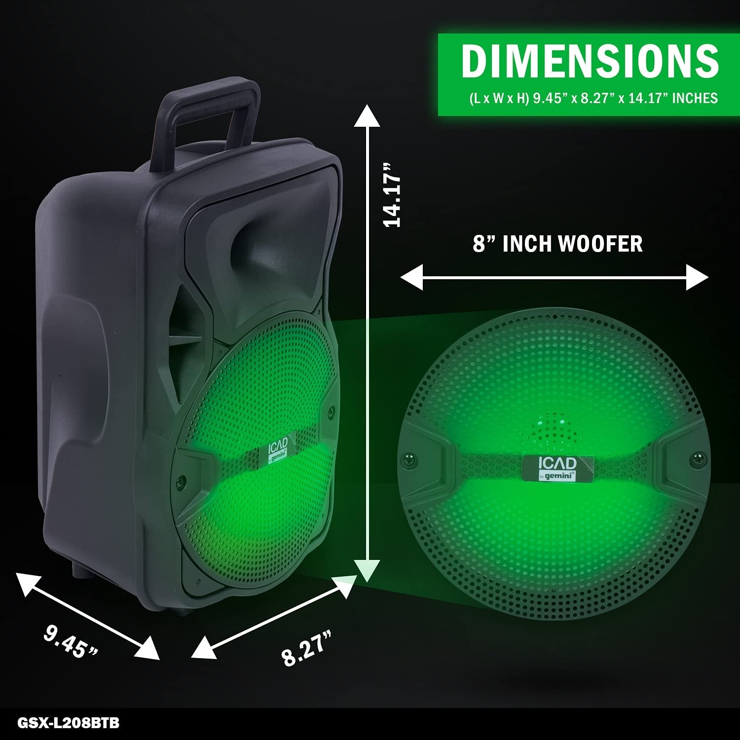 ICAD by Gemini GSX-L208BTB Wireless Rechargeable Portable Bluetooth LED Party Light Show 8" Inch Woofer Powered 500W Watts Peak PA System Karaoke Speaker w Micro SD USB and FM Radio Tuner, Microphone