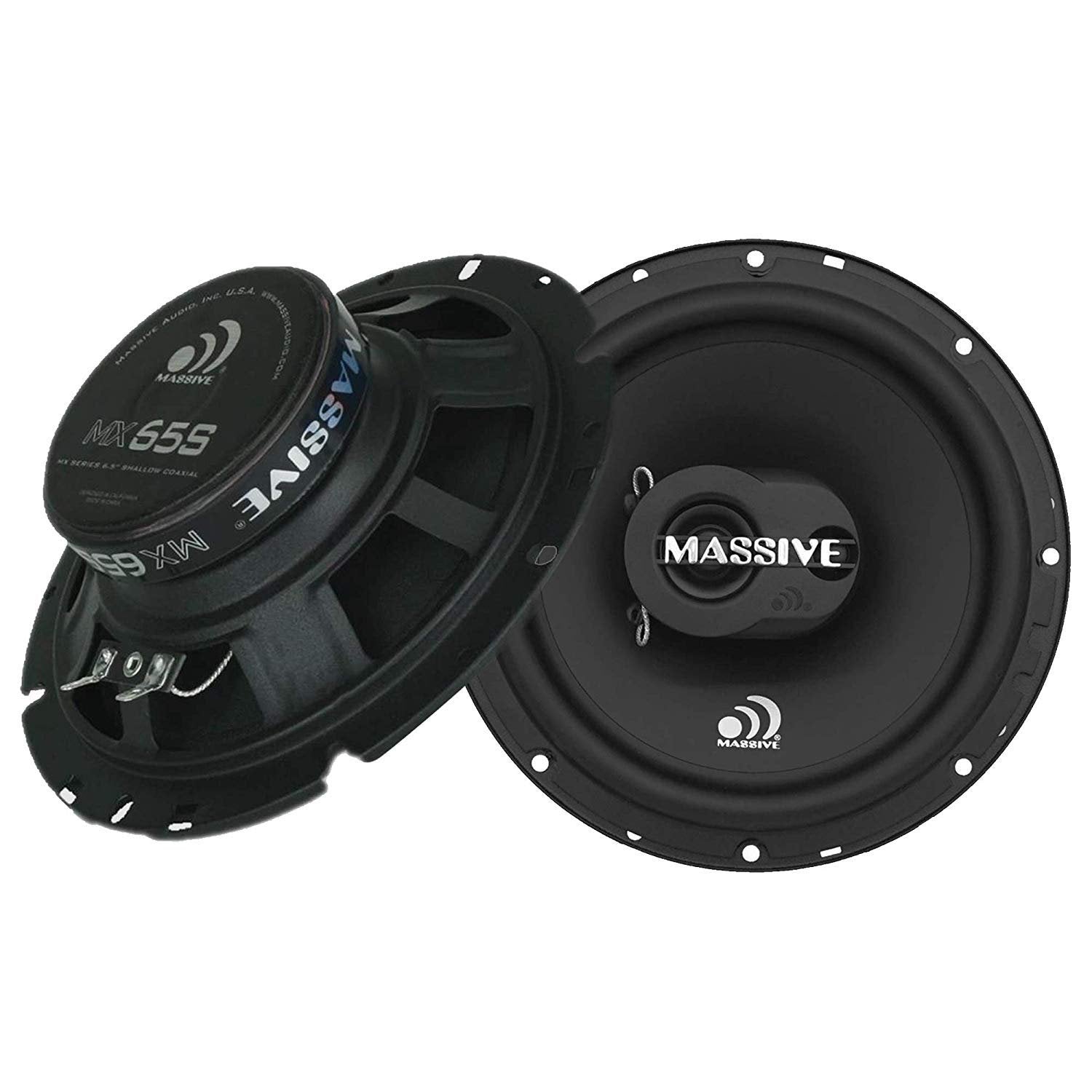 Massive Audio MX65S | 6.5 Inch, 100 Watts Max, 50 Watts RMS, MX Series Coaxial Speakers, 13mm Dome Ferro Fluid Tweeters, 1 “ High Temp Voice Coils, 12dB Crossovers, 4 Ohm (Sold AS Pair)