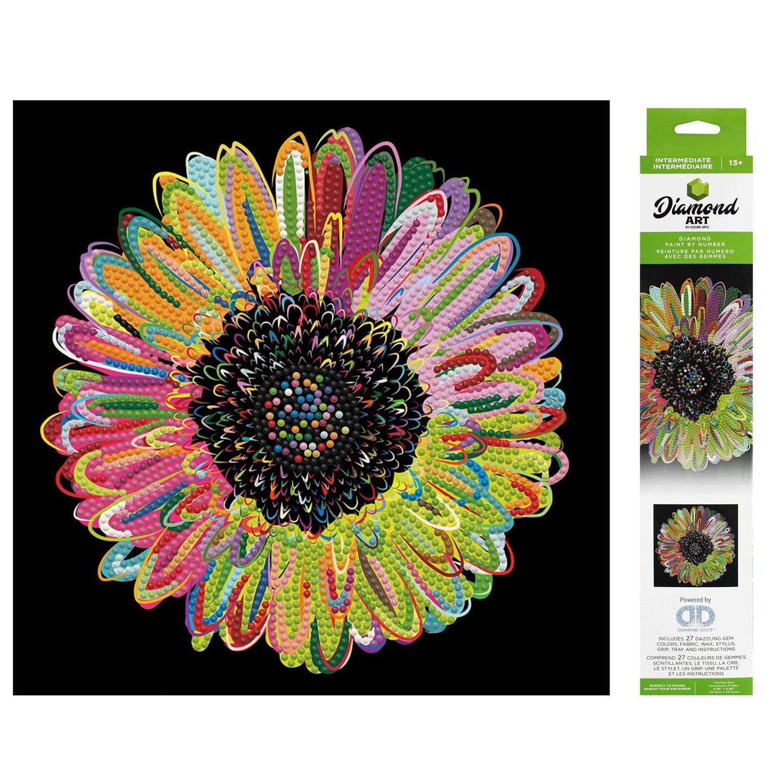 DIAMOND ART BY LEISURE ARTS Rainbow Daisy, 12"x12", Intermediate Diamond Painting Kits for Adults, Diamond Art for Adults, Diamond Art Kit, Diamond Art Painting