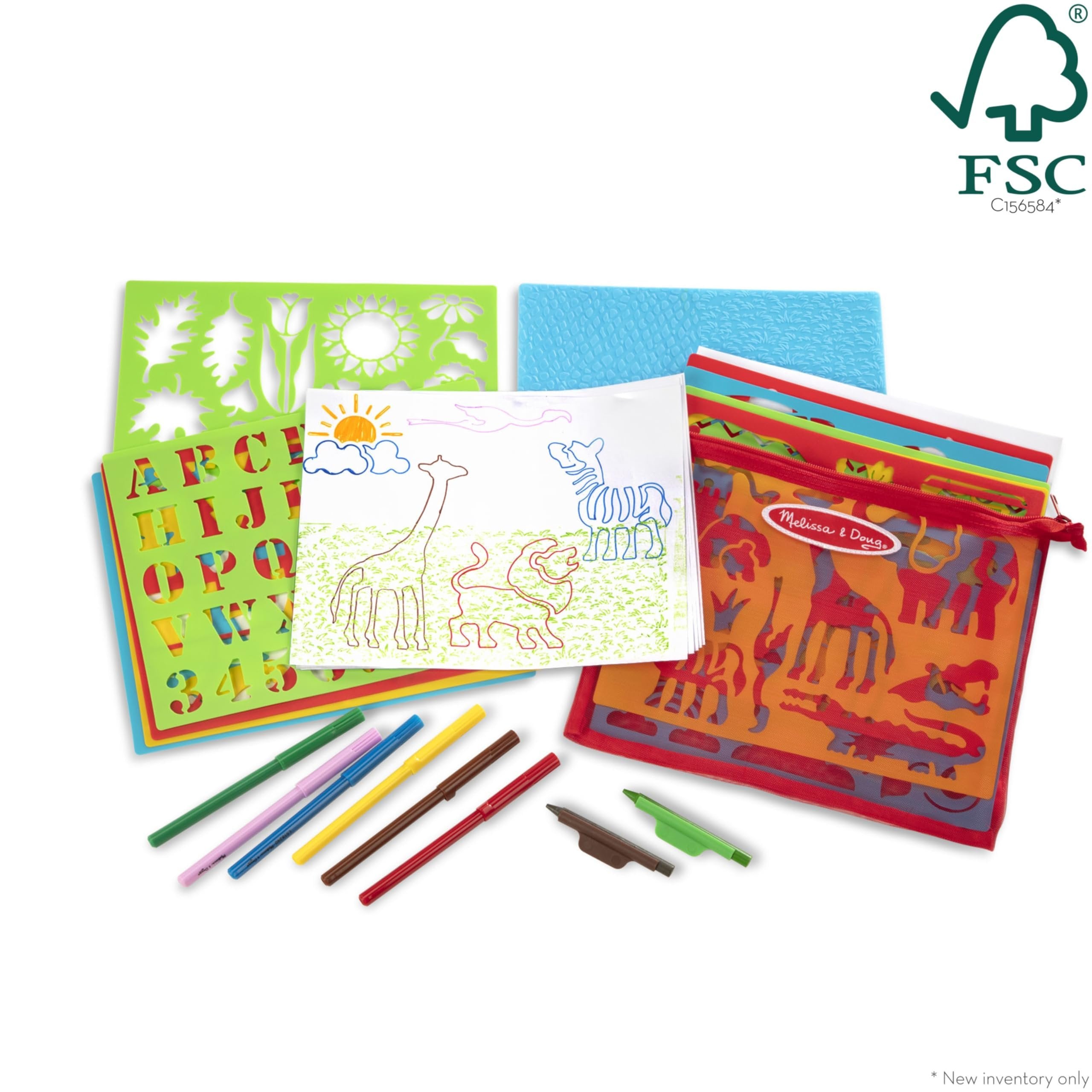 Melissa & Doug Created by Me! Stencil Art Coloring Activity Kit in Storage Pouch - 170+ Designs, 6 Markers, 2 Crayons, Paper - FSC-Certified Materials