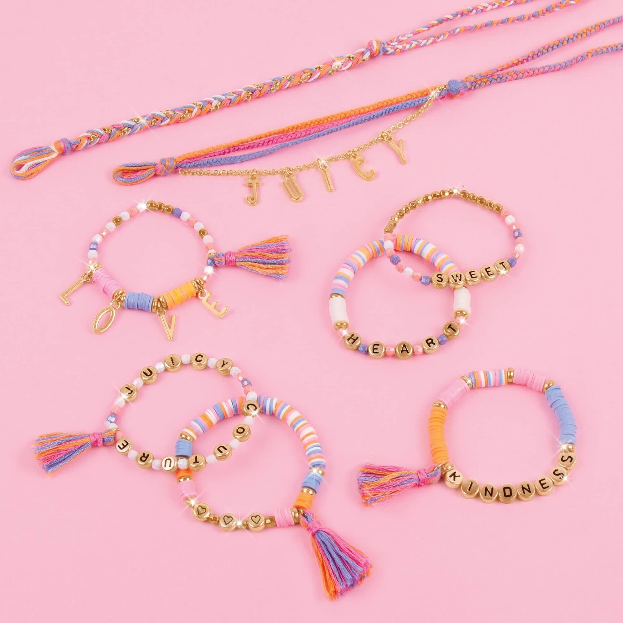 Make It Real - Juicy Couture Love Letters Bracelet Making Kit - Kids Jewelry Making Kit - DIY Charm Bracelet Making Kit for Girls - Friendship Bracelets with Flat Clay Beads for Girls 8-10-12-14