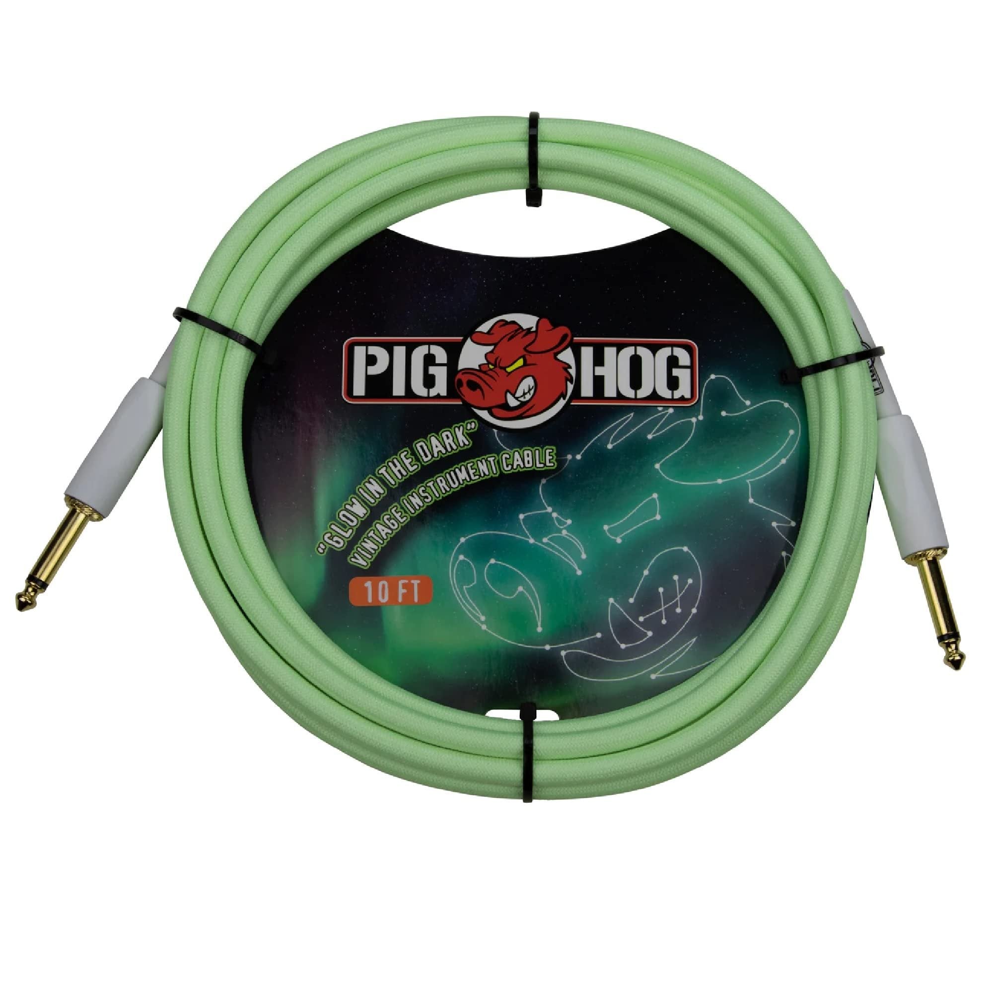Pig Hog PCH10GLO Glow in The Dark Instrument Cable 10-Feet Unique Woven Outer Covering Gold Plated 1/4" Connectors