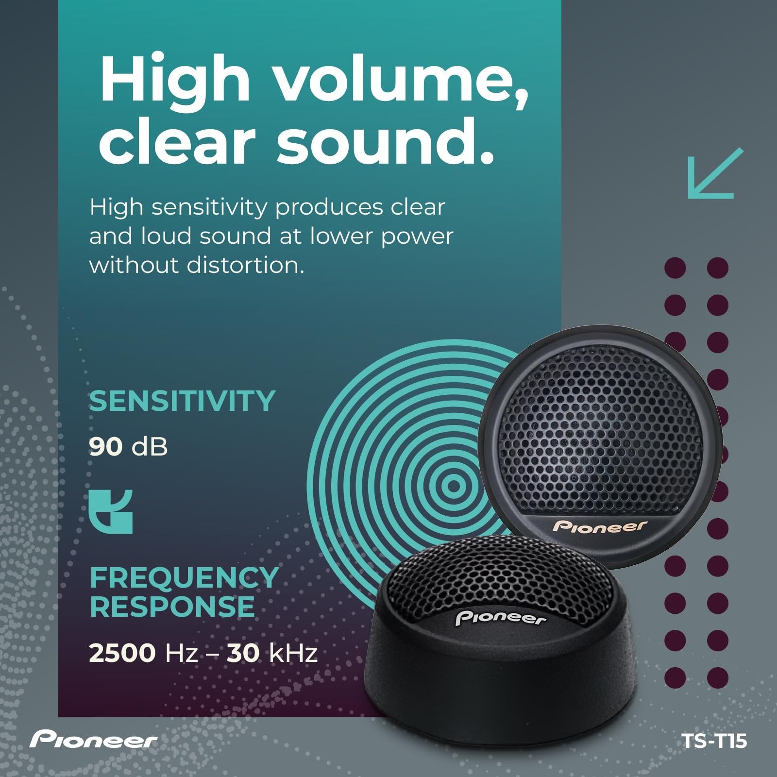 Pioneer TS-T15 3/4” Soft Dome Tweeter Car Speakers, Smooth Upper Range, Clear Sound Quality, Flush and Surface Mounting Capabilities, Pair with Midrange Drivers and Subwoofers for Full Sound (Pair)