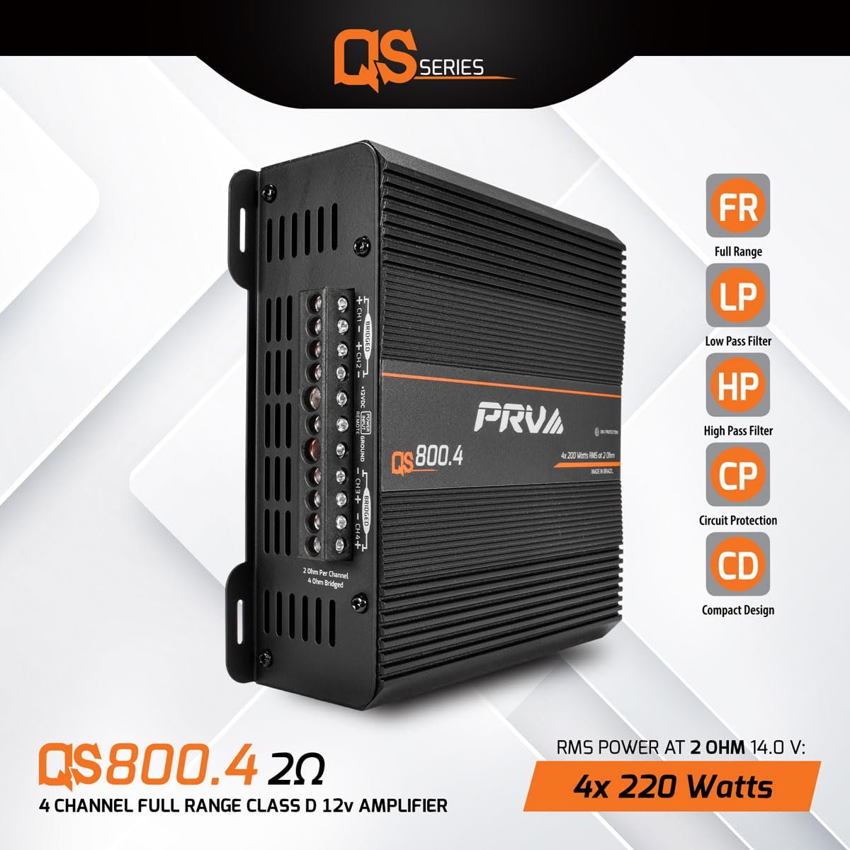 PRV Audio QS800.4 2 Ohm Compact 4 Channel Car Audio Amplifier 4 x 220 Watts RMS at 2 Ohm - 800 Watt Amp High Power Stereo 12 volts Amp Class D Full Range Bridgeable