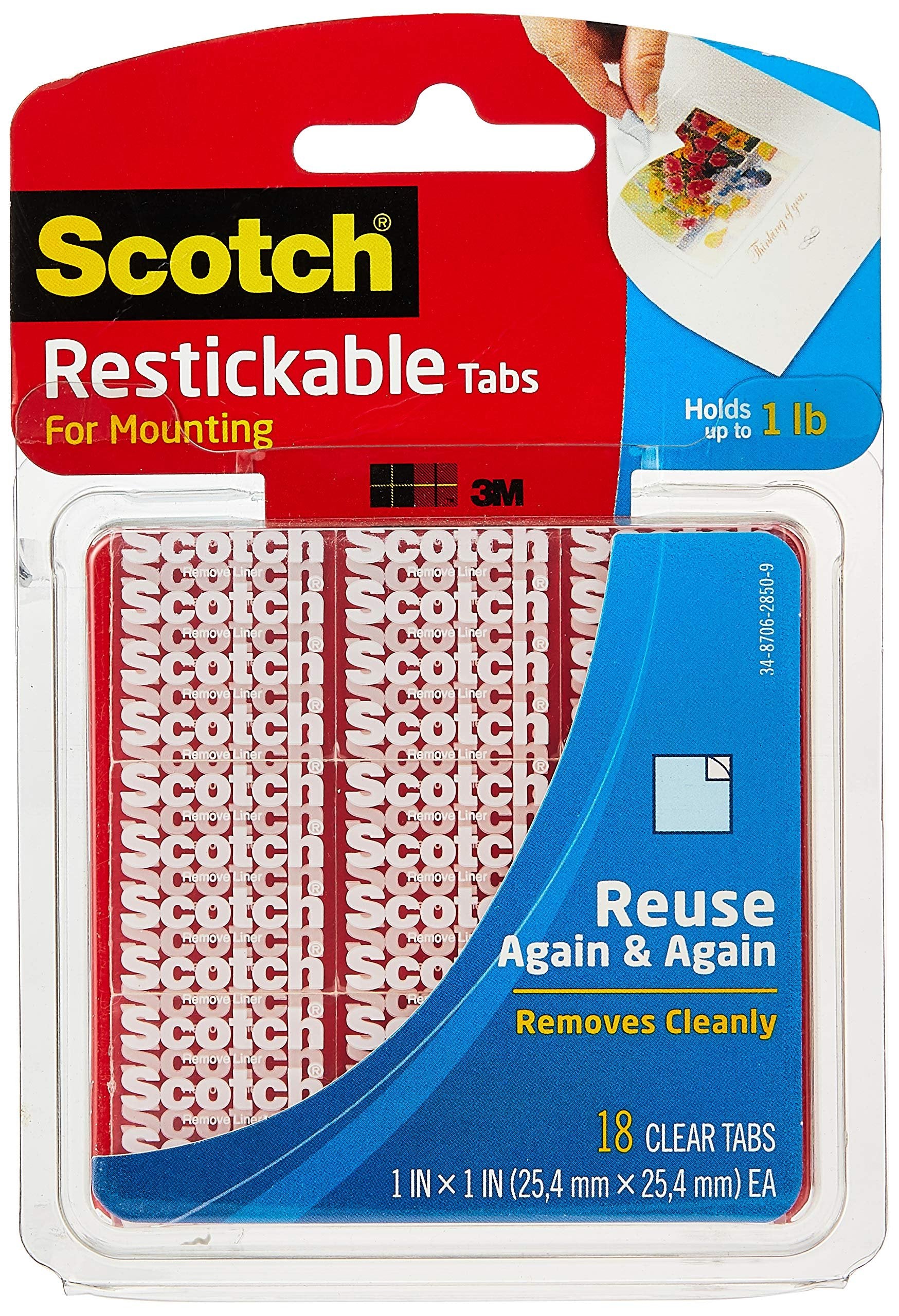 Scotch Restickable Tabs, Clear, 1-in x 1-in, 18-Tabs (R100)