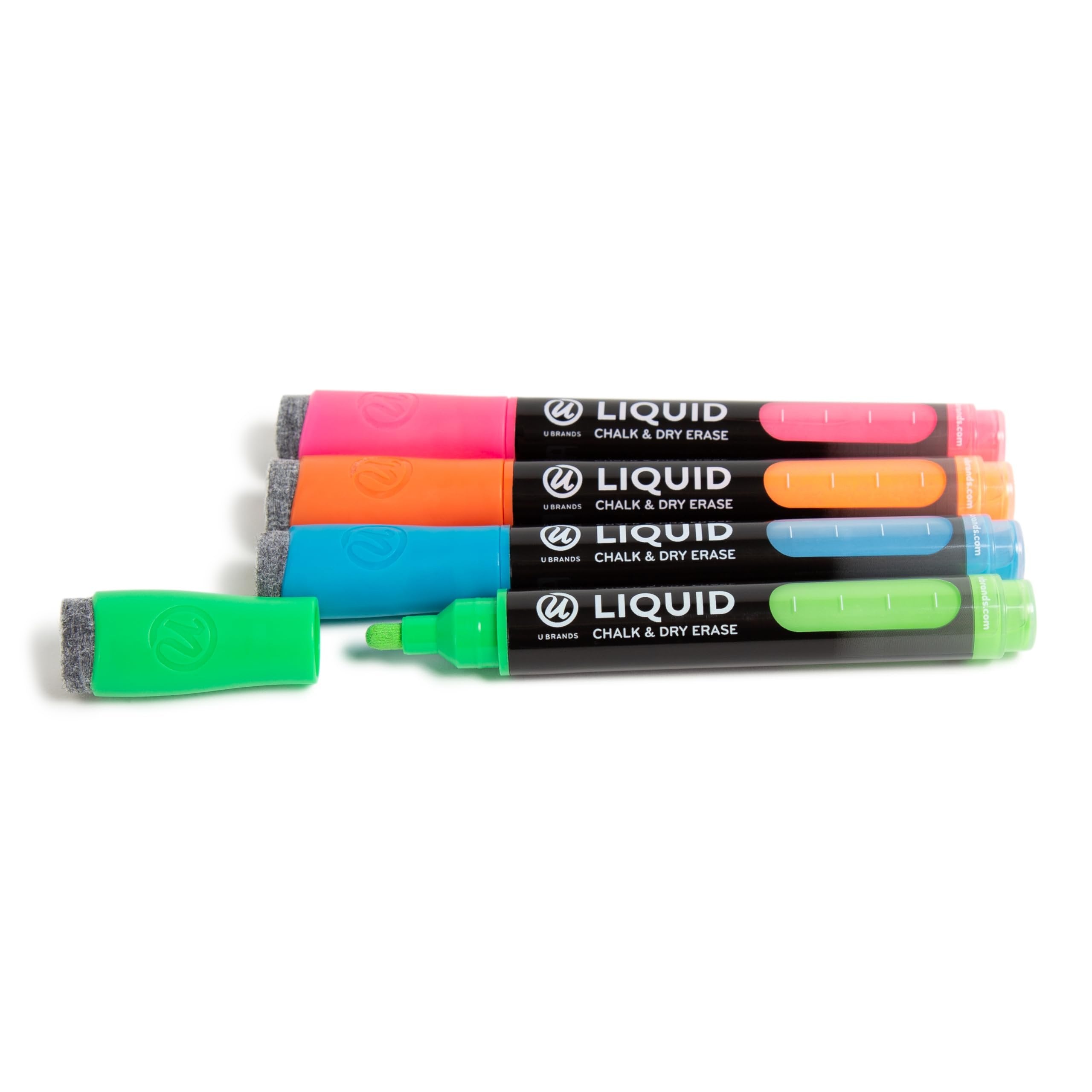U Brands Colored Liquid Chalk Dry Erase Markers with Eraser, Set of 4, Assorted Colors, Bullet (3 mm) Point