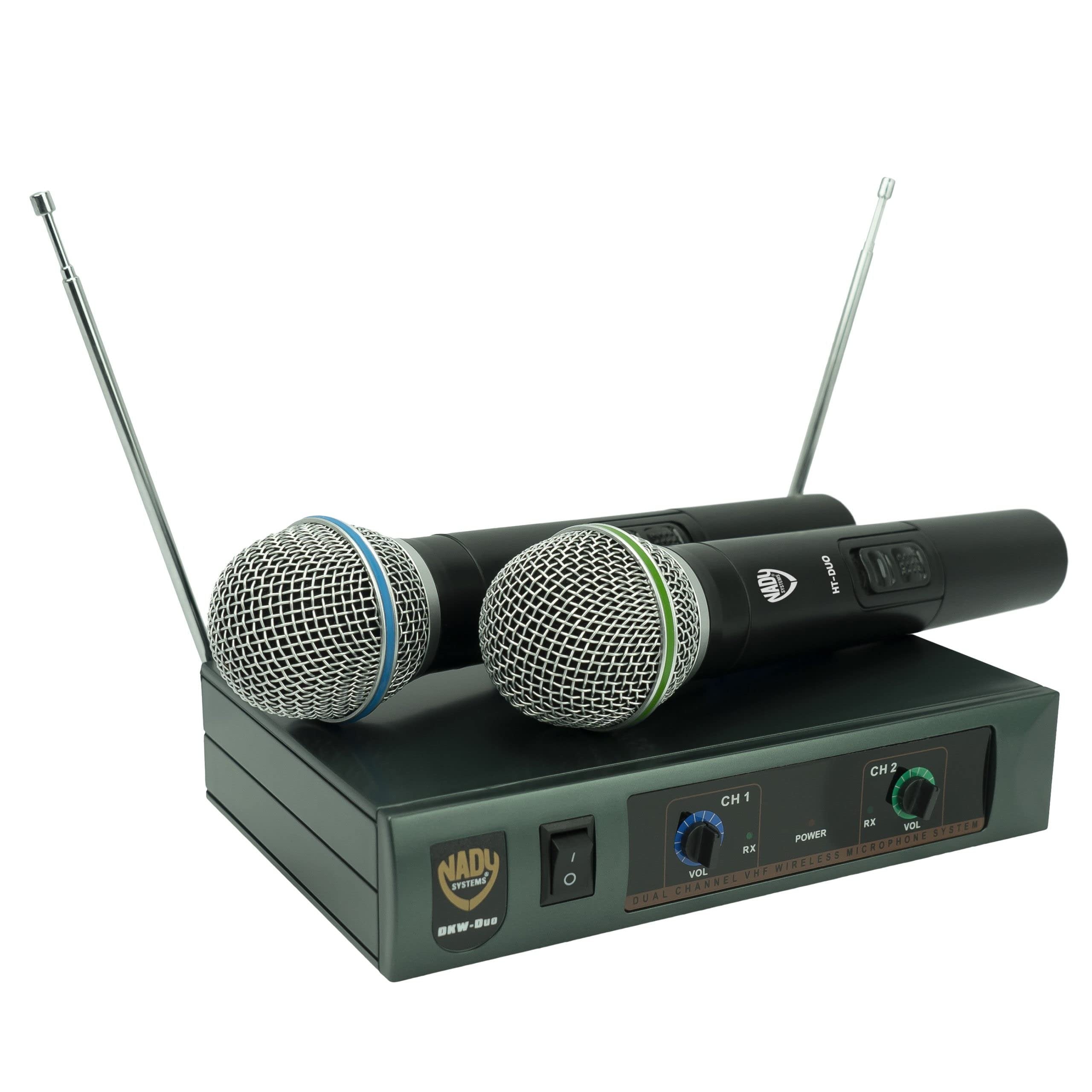 Nady DKW DUO HT B/D VHF Dual Wireless Handheld Microphone System – includes 2 microphones, AC adapter and audio cable – Easy setup – Karaoke, performance, presentation, public address