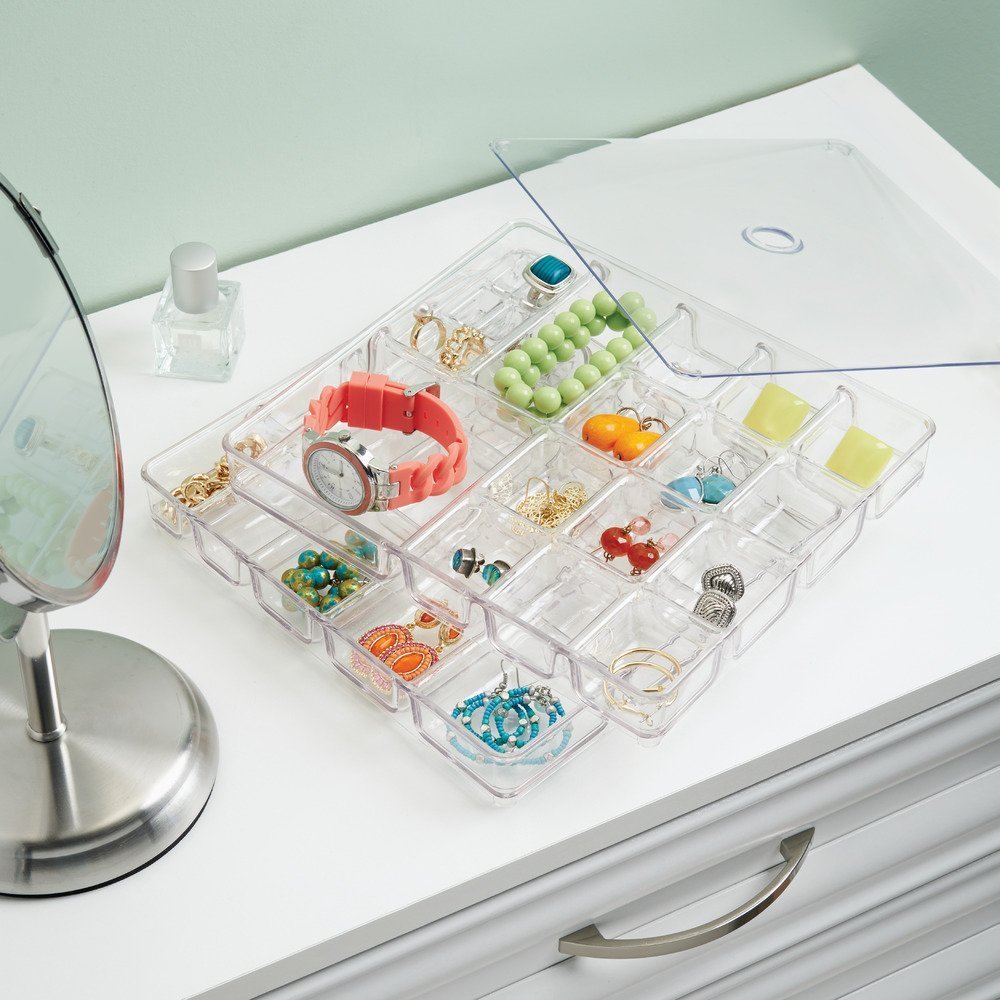 iDesign Linus Plastic BPA-Free Fashion Jewelry Vanity and Drawer Organizer, Tray for Rings, Earrings, Bracelets, Necklaces, 8.75" x 7.75" x 2.75", Set of 3, Clear