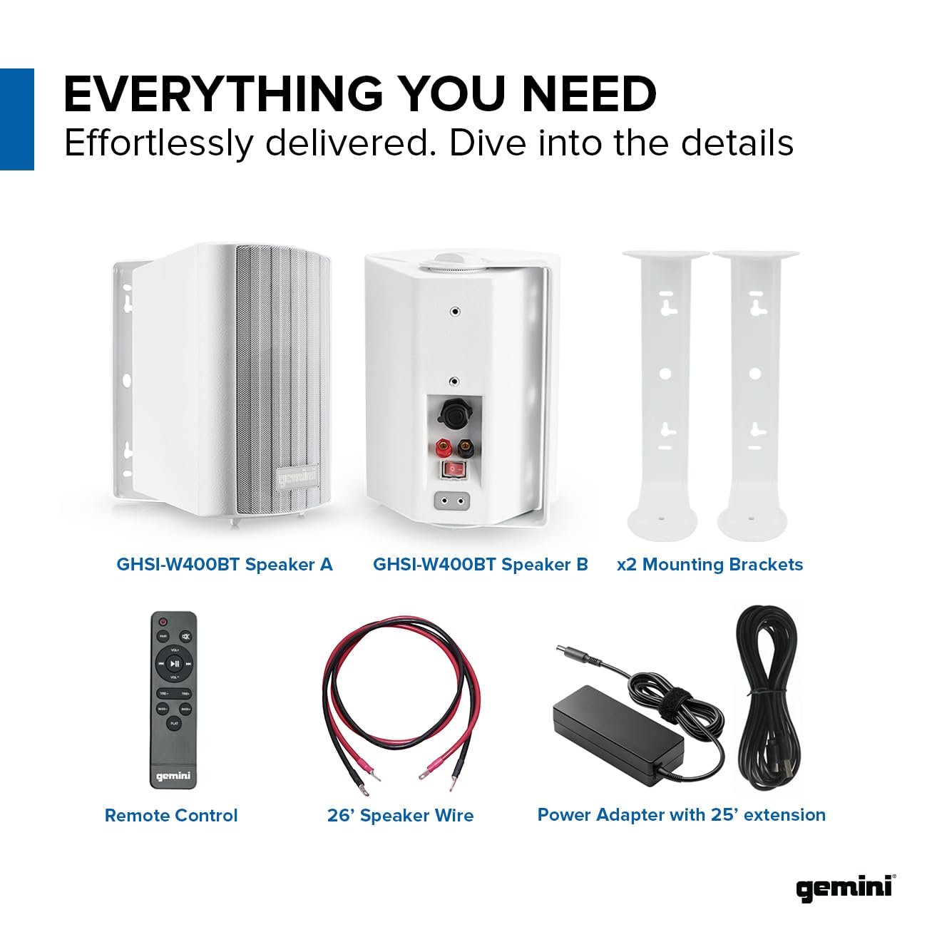 Gemini Sound GHSI-W400BT-PR-BLK 4" Inch Powerfull Bass Woofer 100 Watt Peak Power Waterproof Bluetooth Wall & Ceiling Mount Wired Speakers Pair - Easy Daisy Chain for Home Outdoor Pool & Patio, White