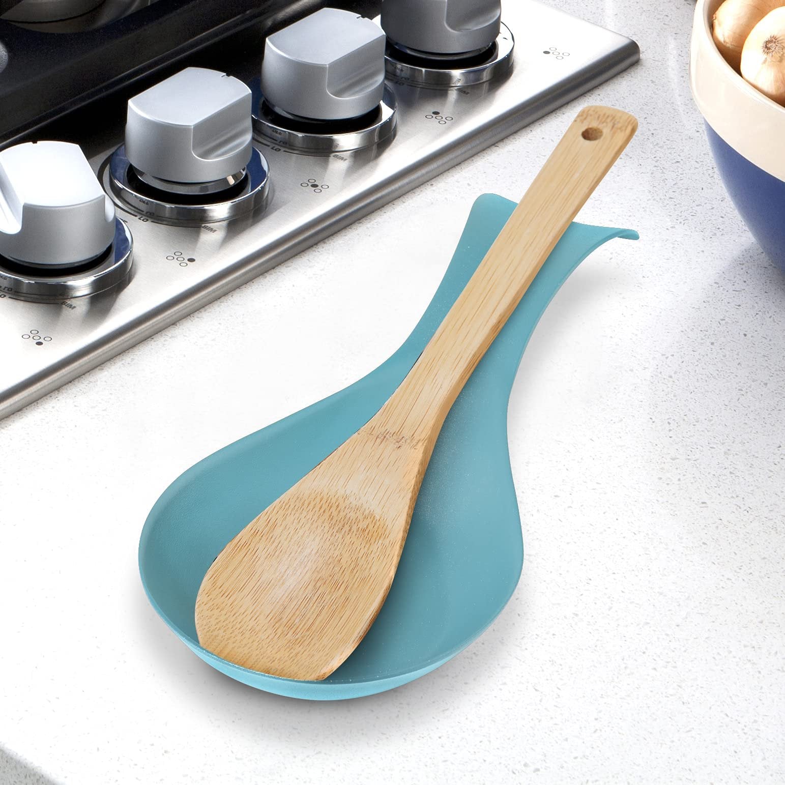 OGGI Stainless Steel Spoon Rest- Long Handle Holds Kitchen Utensils in Place, Great Spoon Rest for Kitchen Counter, Stove Top, or Coffee Station; Kitchen Accessories, Utensil Rest, Turquoise