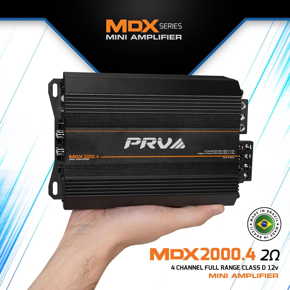 PRV Audio MDX2000.4 2 Ohm Mini 4 Channel Car Audio Amplifier 4 x 500 Watts RMS at 2 Ohm - 2000 Watt 12 Volts Bridgeable Amp for Powersports, Motorcycles, ATV, for High Power Stereo Speaker Systems