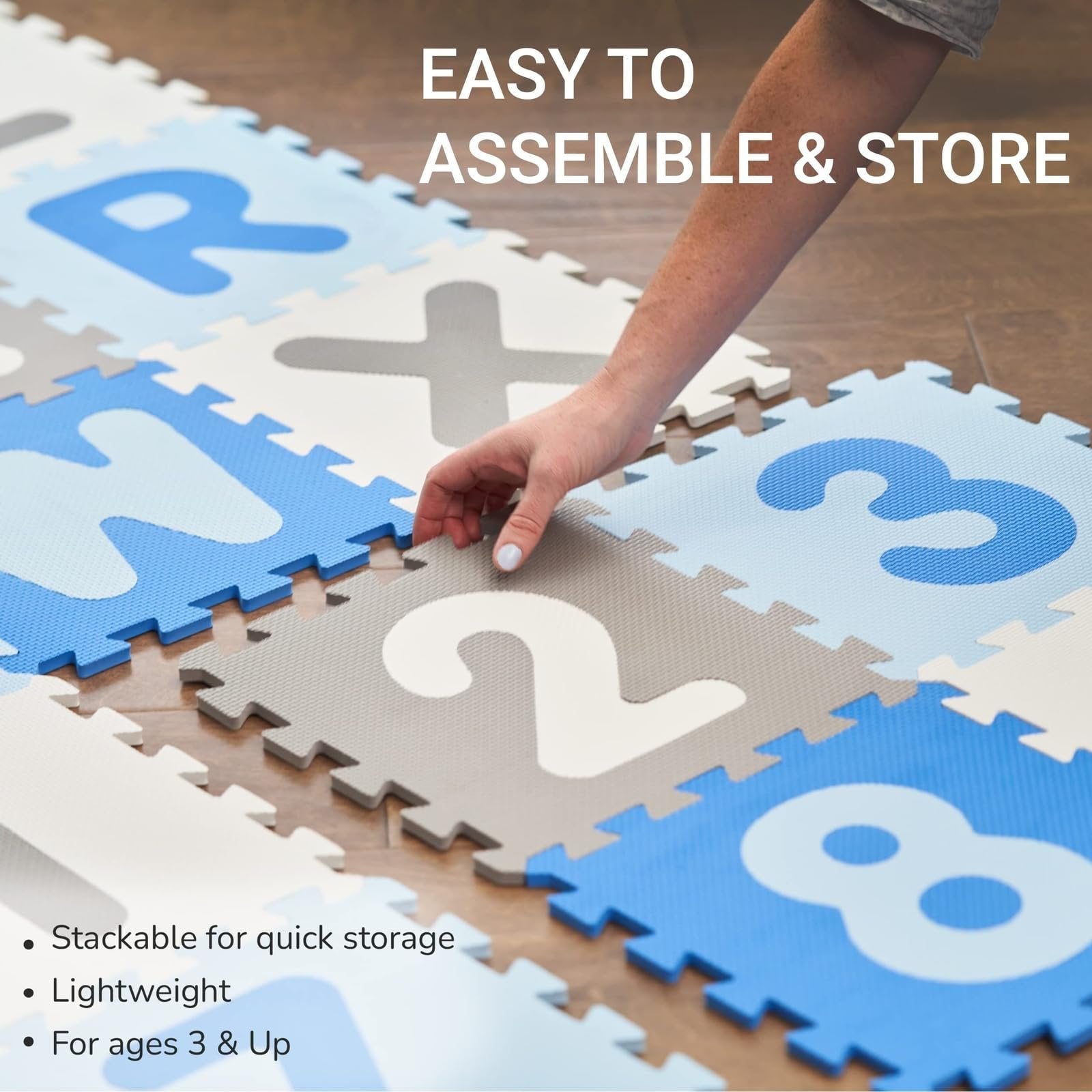 Tadpoles Foam Playmats for Kids, 36 Interlocking Tiles Teach the ABCs and Numbers 0-9, Total Floor Coverage 74” x 74” (36 Sq Ft), For Ages 3 and Up, Colors: Blue/Grey