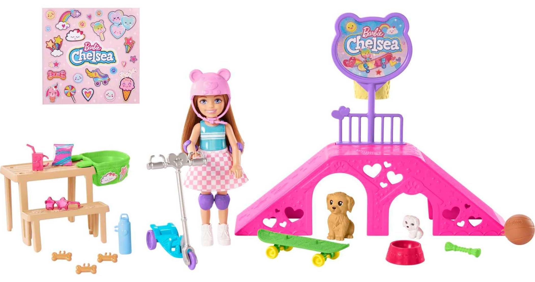 Barbie Chelsea Doll & Skate Park Playset with 2 Puppies, Skate Ramp, Scooter & 15+ Accessories, Brunette Small Doll with Blue Eyes