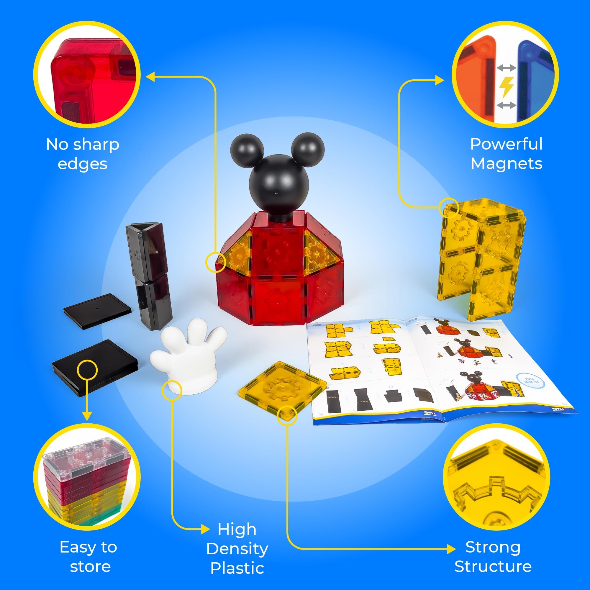 Tytan Toys Official Disney Mickey Mouse Toy Clubhouse Magnetic Tile Set, 37-Piece STEAM Building Toy for Kids 3+, Mickey Mouse Clubhouse Toys Educational Playset with Friends Figures