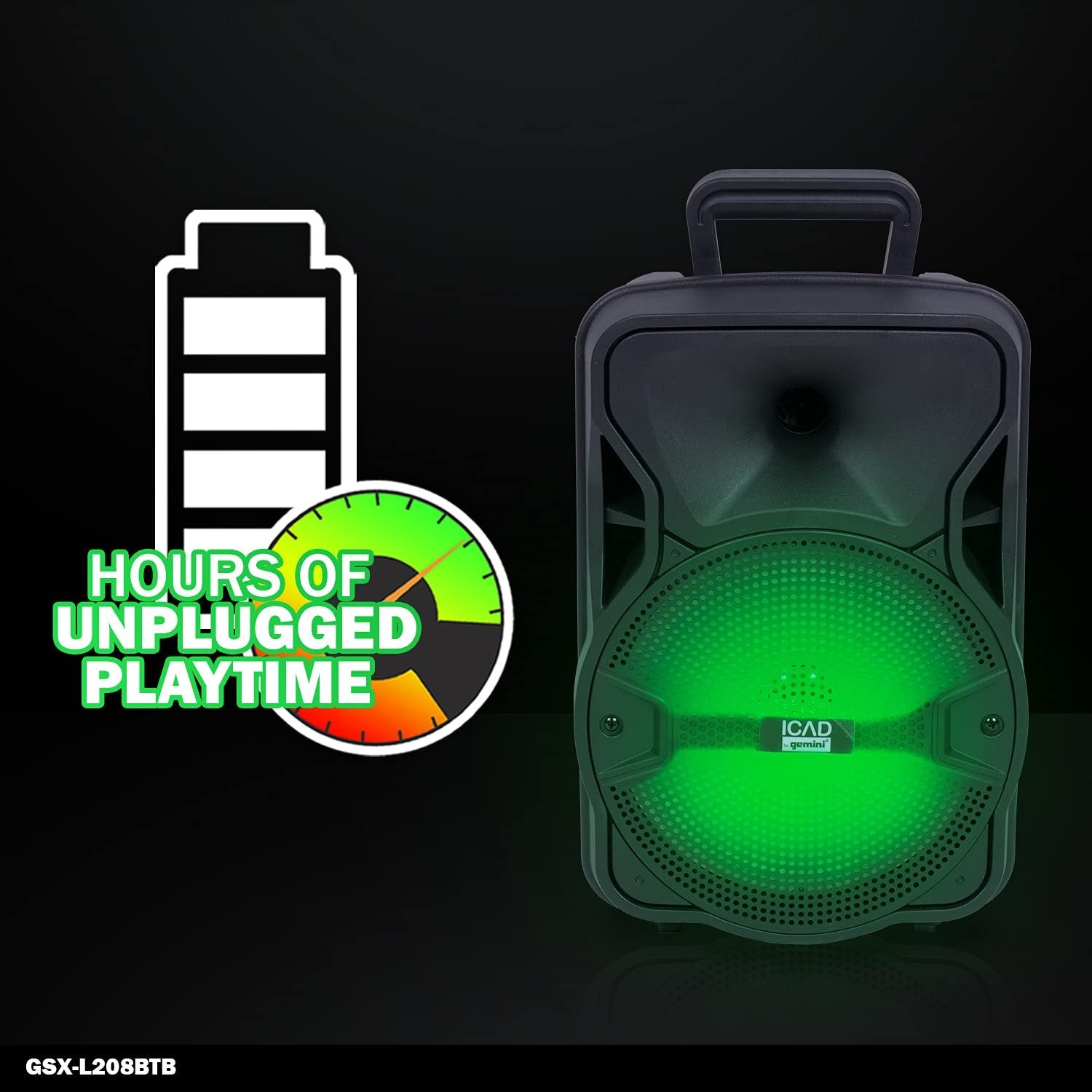 ICAD by Gemini GSX-L208BTB Wireless Rechargeable Portable Bluetooth LED Party Light Show 8" Inch Woofer Powered 500W Watts Peak PA System Karaoke Speaker w Micro SD USB and FM Radio Tuner, Microphone