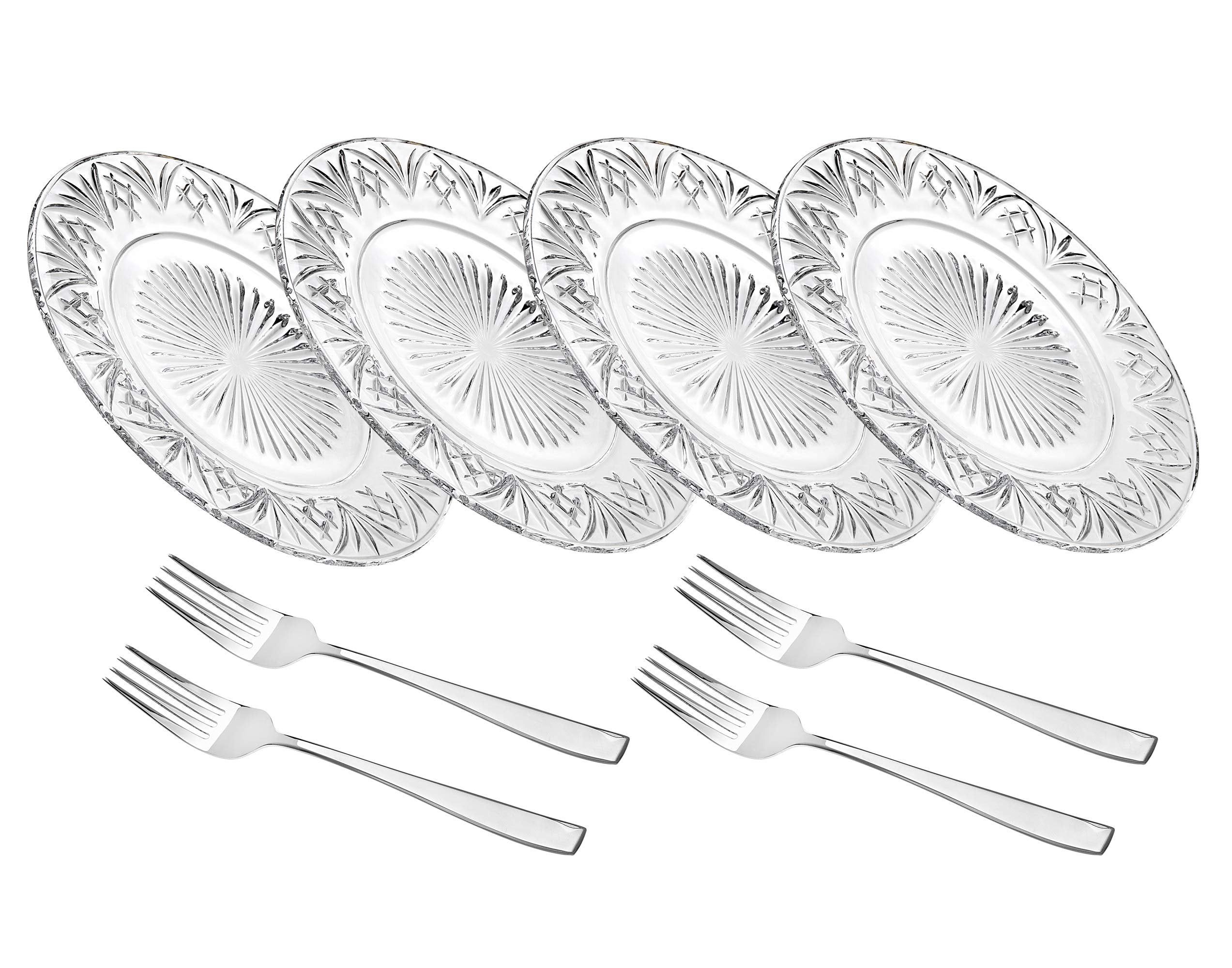Godinger Dublin Dessert Plates and Forks, Appetizer & Salad Plates with Utensils - Set of Four - Clear Crystal, 7in
