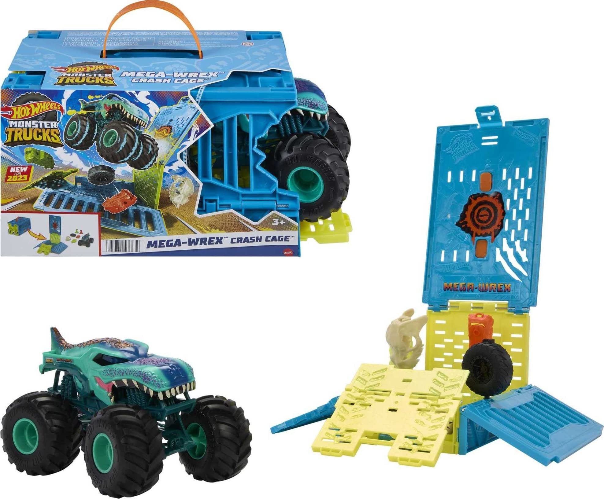 Hot Wheels Toy Monster Trucks 1:24 Scale Mega-Wrex in a Crash Cage, Oversized Storage Case Transforms into Stunting Area with 4 Crushable Accessories