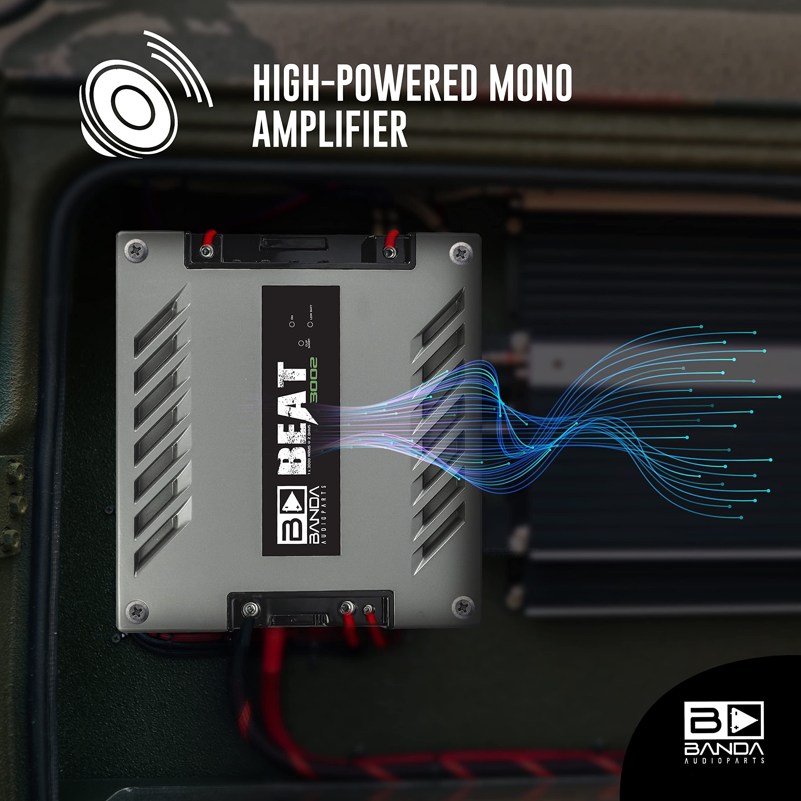 Banda 1-Channel Vehicle Audio Amplifier - 3000 Watts High-Powered Mono Bass Amplifier w/Subsonic Filter and Low Pass Filter Stable at 2 ohms, LED Indicators, Sound Specialization BEAT3002