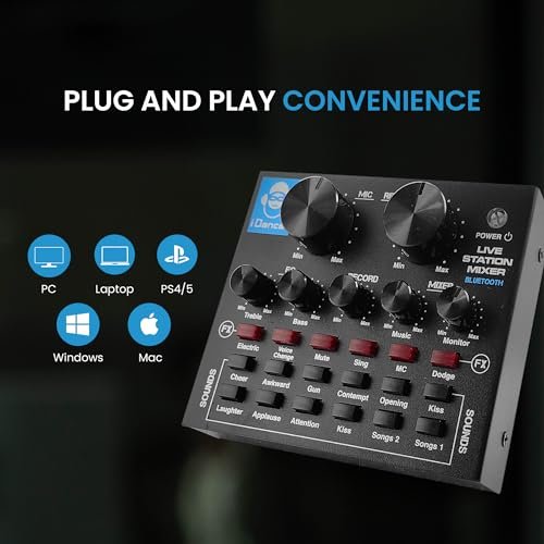 IDANCE Professional Wireless Audio Mixer, 8 Channel Bluetooth Broadcasting and Recording Portable Mixer with Sound Card, Audio Interface Sound Mixer Board with Effects for DJ, Music and Karaoke