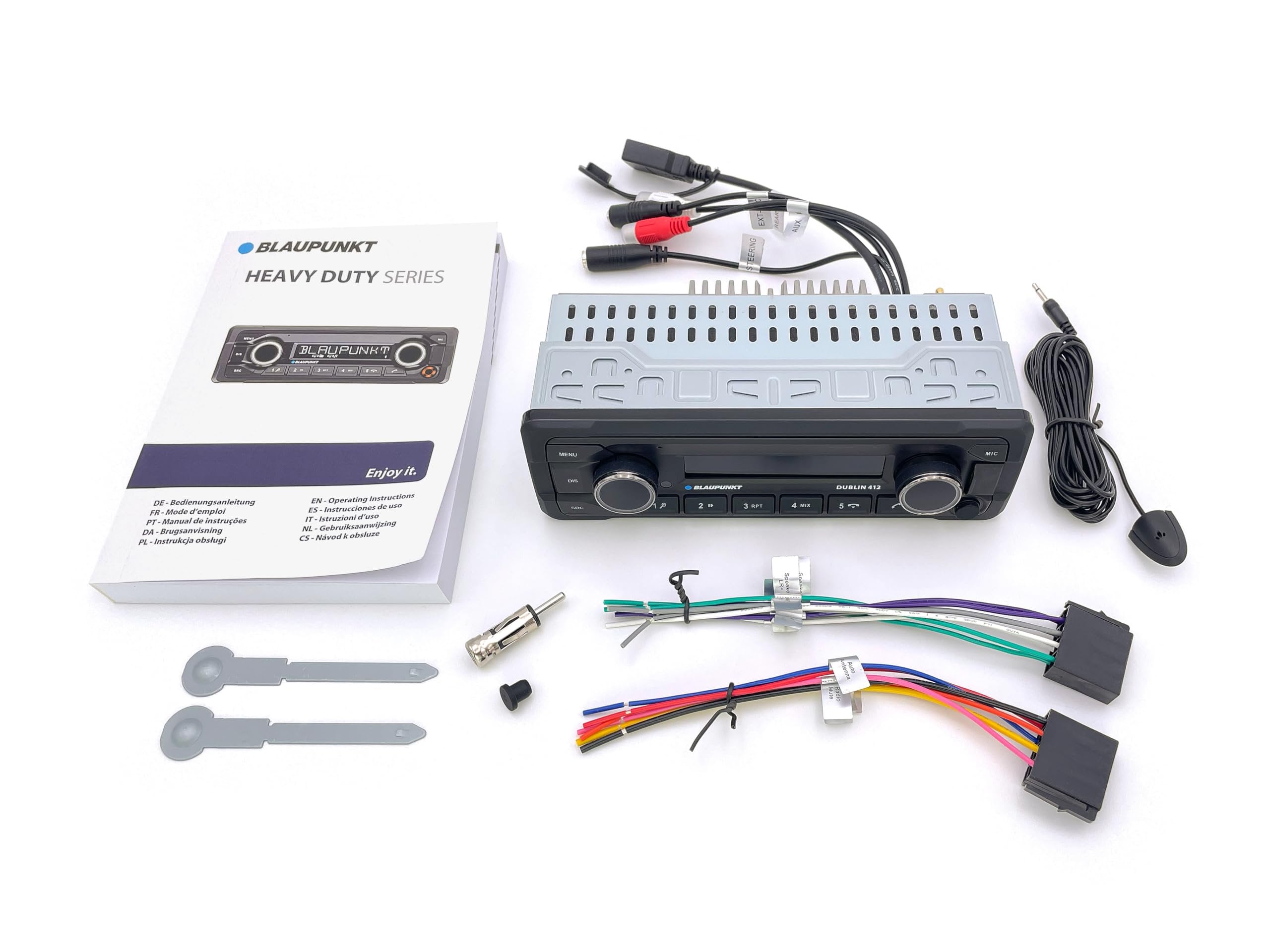 Blaupunkt DUBLIN412 Single DIN Car Stereo, AM FM Radio, BT Dual USB Digital Media Receiver, FLAC MP3 Player, Hands Free Calling, 50W x4 Power, Dual Subwoofer RCA Output, Voice Assistant, 12V