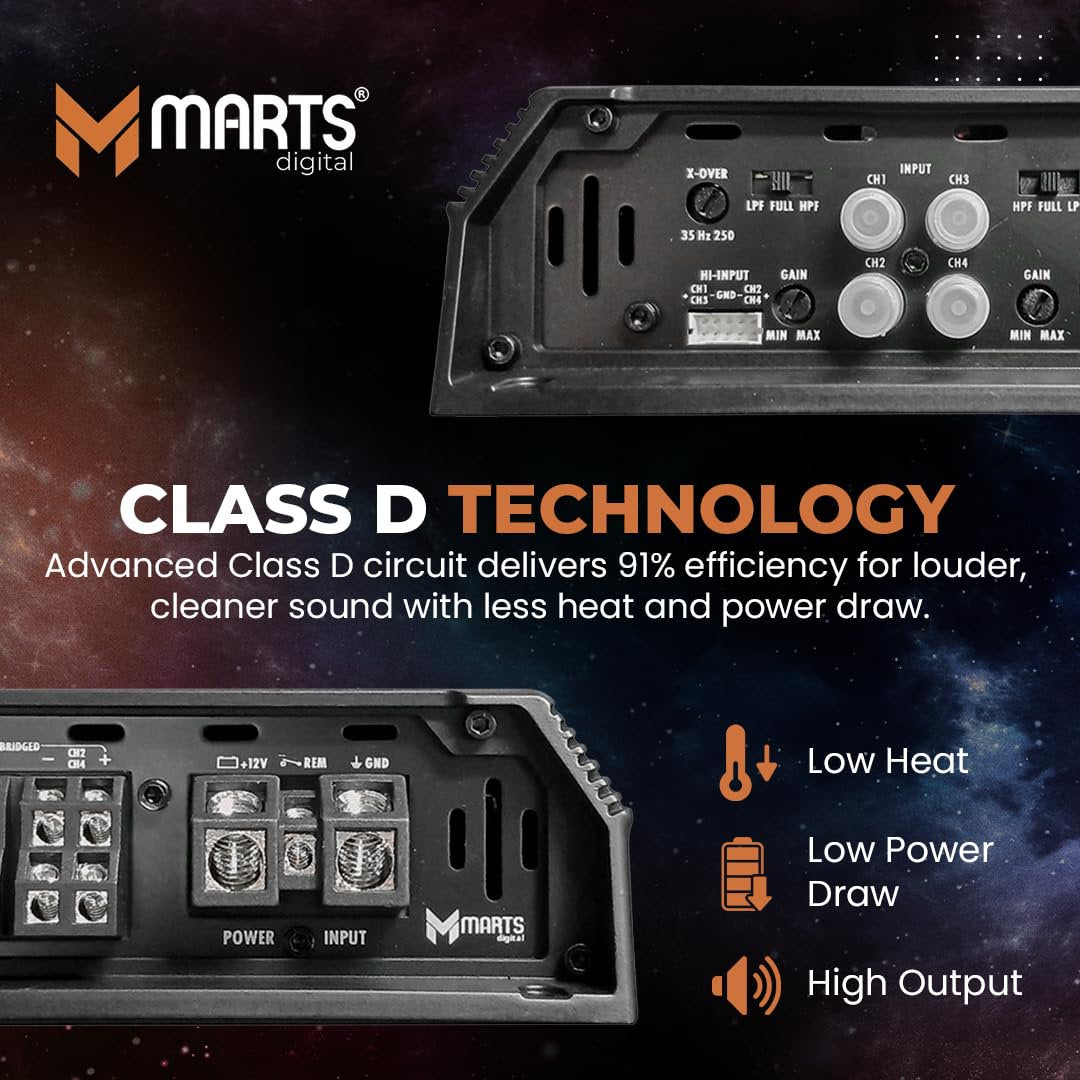 Marts Digital MS800X4 4 Channel Class D Amplifier | 800W RMS 2 Ohm | Full-Range Sound | High Efficiency | Low Heat Output | Compact Power Design | Bridge Channels | Car Audio Upgrade