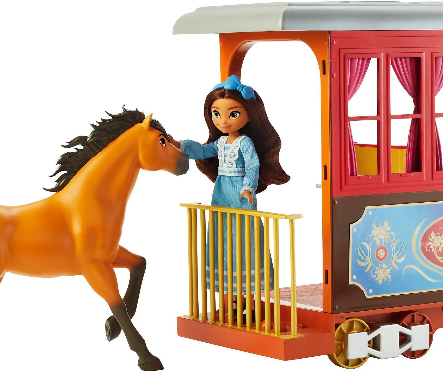 Mattel Spirit Untamed Lucky’s Train Home Playset, Train with Rolling Wheels Balcony, Dining Accessories, Lucky Doll (7-in), Spirit (Approx.8-in) & More, Great Gift for Ages 3 Years Old & Up