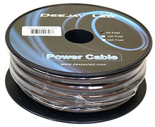DEEJAYLED Eight-Gauge 50 Foot Black Pure Copper Stranded Power Cable Content Oxygen Free Copper Stranded Wire Style With Thick Black Outer Jacket Power Rating DEEJAY LED TBH850BLKCOPPER