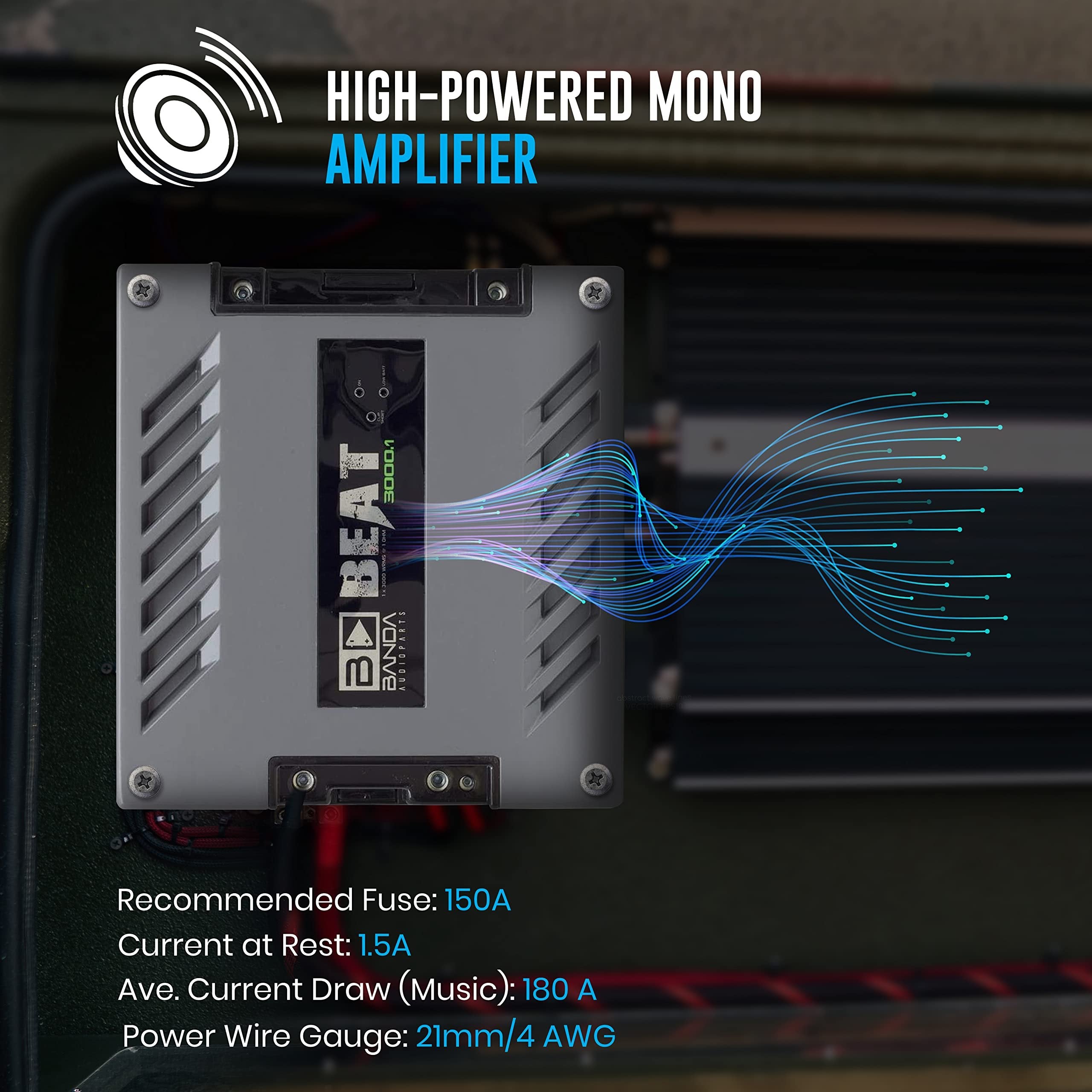 Banda 1-Channel Vehicle Audio Amplifier - 3000 Watts High-Powered Mono Bass Amplifier w/Subsonic Filter and Low Pass Filter Stable at 1 ohm, LED Indicators, Sound Specialization - BANDA BEAT3001